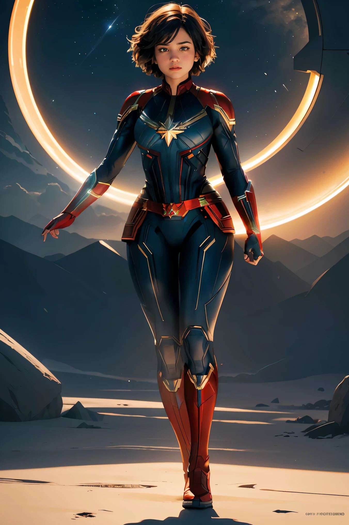 full body shot of kathwin:1,side lighting,(short pixie hair:1.3),rim lighting on hair, shallow sharp depth of field, feminine heroic,(curvy:1.4), (highly detailed), (Award winning), (Masterpiece), movie still, (HDR), (8k wallpaper),captain marvel suit,flying,sky background,female focus