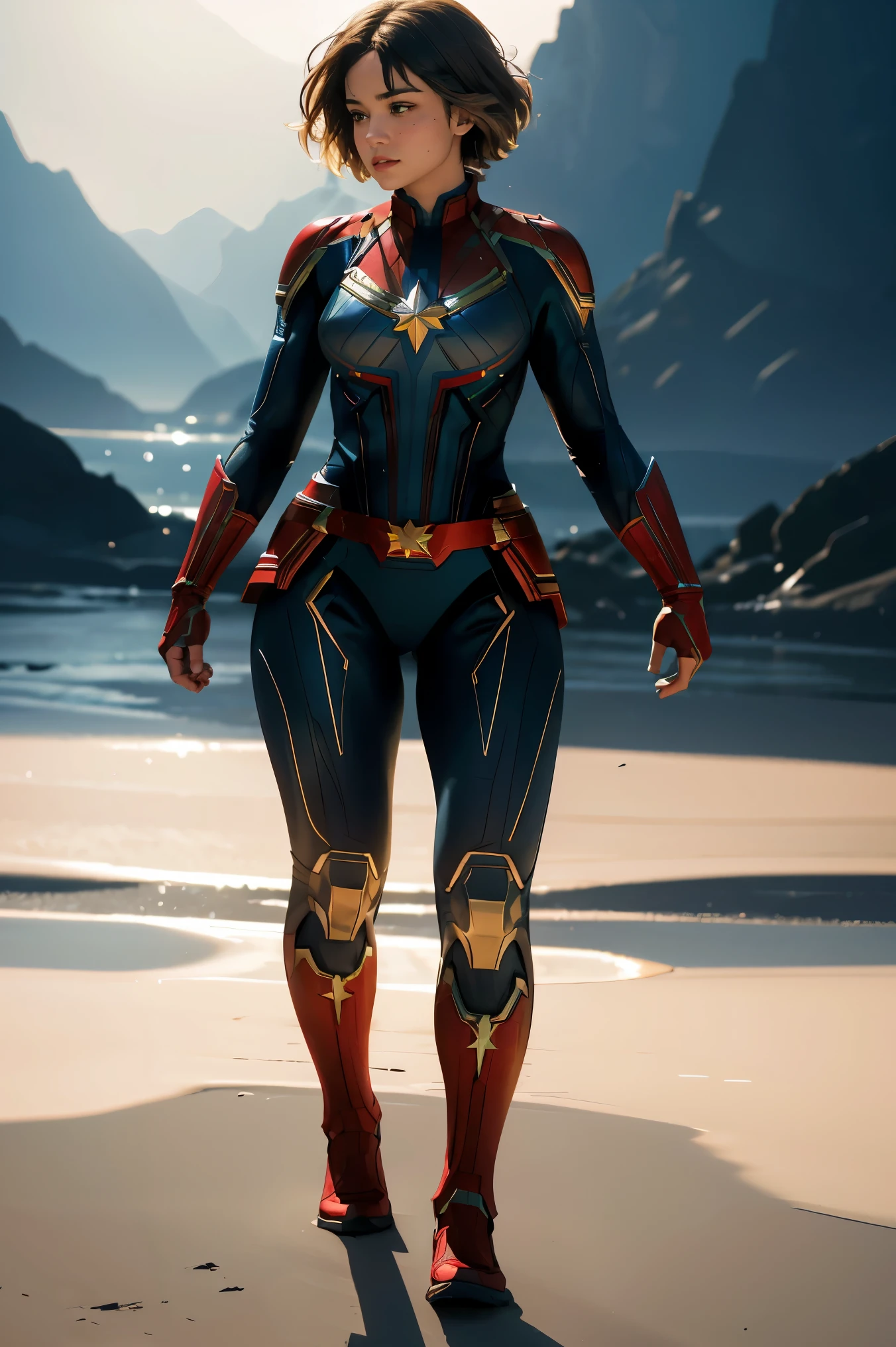 full body shot of kathwin:1,side lighting,(short pixie hair:1.3),rim lighting on hair, shallow sharp depth of field, feminine heroic,(curvy:1.4), (highly detailed), (Award winning), (Masterpiece), movie still, (HDR), (8k wallpaper),captain marvel suit,flying,sky background,female focus 