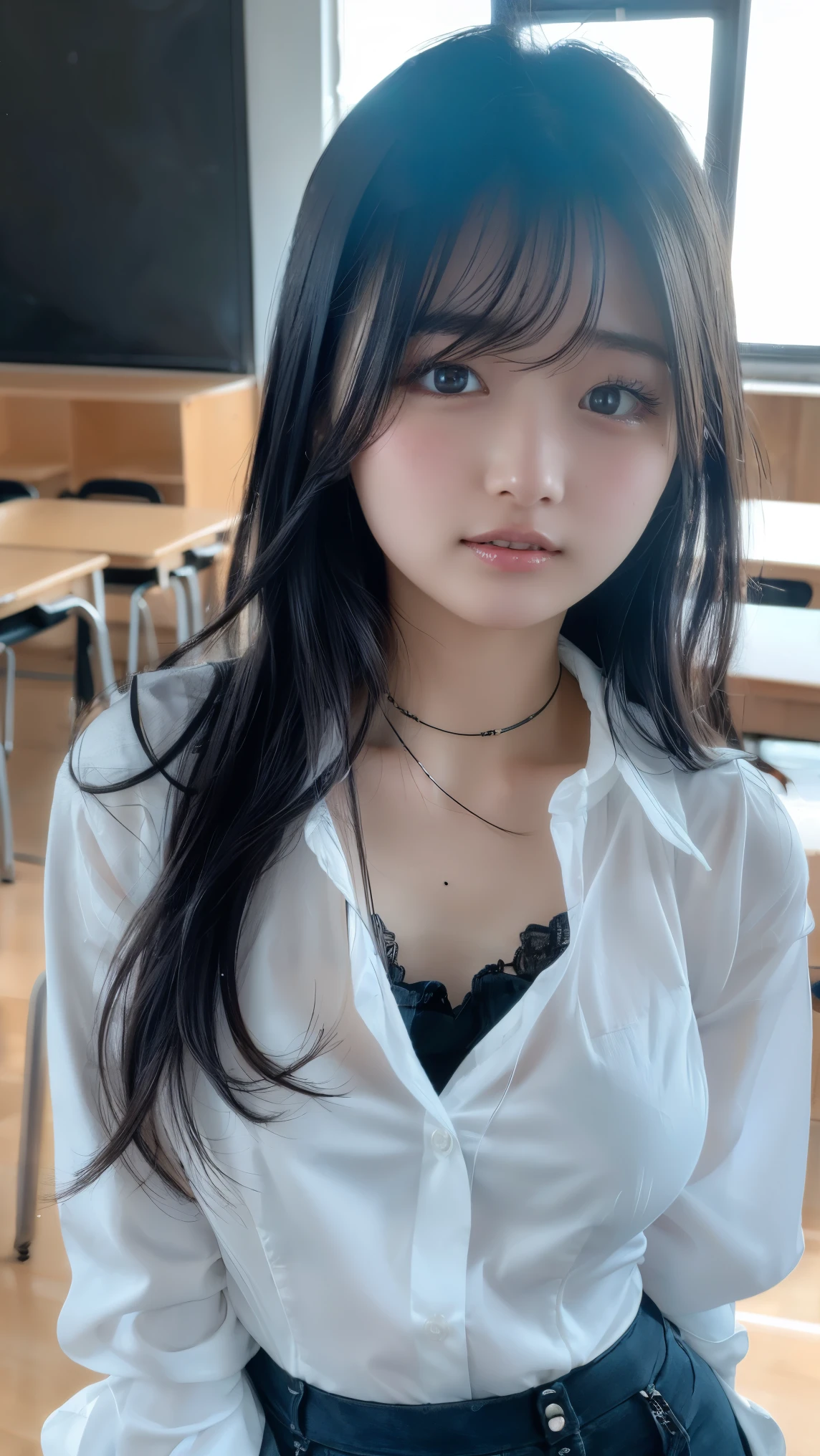 Long neck,White shirt bursting chest,Best Quality,Ultra-high resolution,1 person,whole body,Black Hair, bangs, Cool look,Looking into the camera,Beautiful and delicate face,Delicate and beautiful skin,Texture,high school student, uniform,((Wearing a blouse on bare skin)),((No bra and white shirt)) (tight white shirt:1.7), tie,(Large Breasts:1.2), Nipples visible through white shirt、Check mini skirt,Classroom after school,(Standing posture,1.3:)、smile