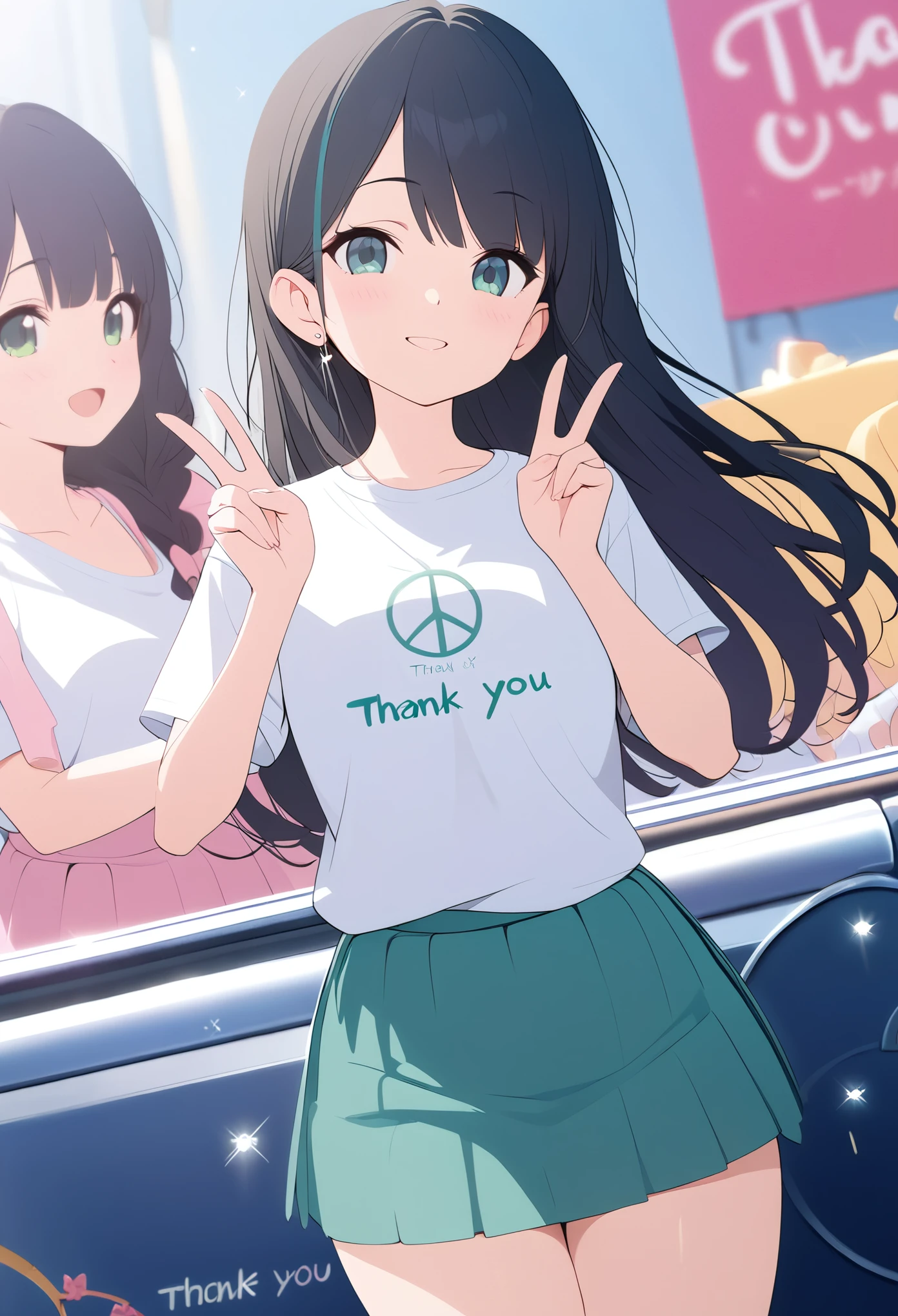 ((Best Quality, 8k, masterpiece: 1.3)),Human Girl,((Petite,Glamorous Body,Curvy)),cute,Smiling face,((Long black hair)),Beautiful emerald green eyes,Peace sign with both hands,White T-shirt,Pink mini skirt,Cowboy Shot,The background is light blue,cover "Thank you1.1k",