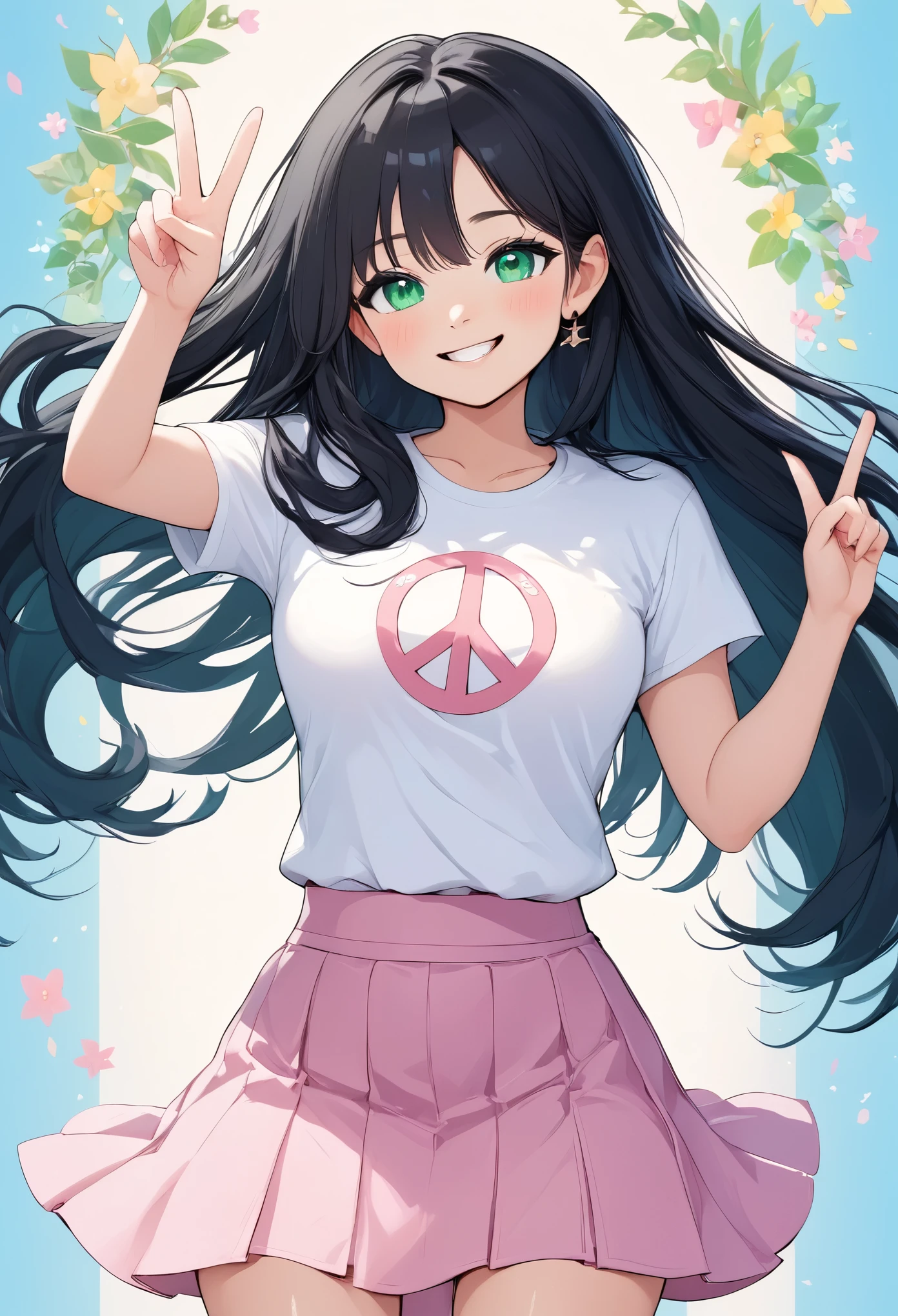 ((Best Quality, 8k, masterpiece: 1.3)),Human Girl,((Petite,Glamorous Body,Curvy)),cute,Smiling face,((Long black hair)),Beautiful emerald green eyes,Peace sign with both hands,White T-shirt,Pink mini skirt,Cowboy Shot,The background is light blue,cover "Thank you1.1k",