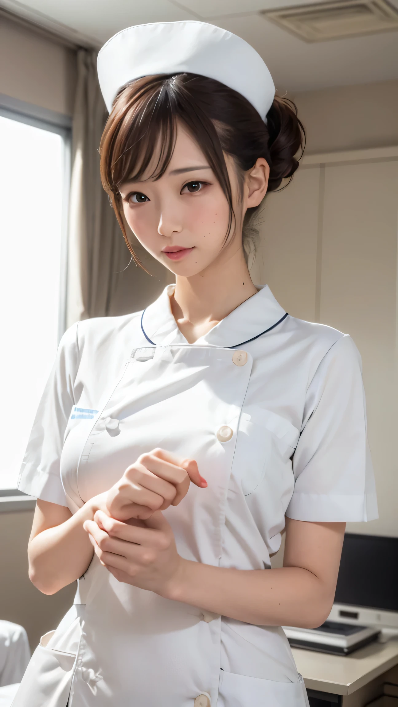 1 girl,(Wearing white Japanese nurse clothes:1.2),(RAW Photos, Best Quality), (Realistic, photo-Realistic:1.4), masterpiece, Very delicate and beautiful, Very detailed, 2k wallpaper, wonderful, finely, Very detailed CG unity 8k wallpaper, Very detailed, High resolution, Soft Light, Beautiful detailed girl, Very detailed eyes and face, Beautifully detailed nose, finely beautiful eyes, nurse, Perfect Anatomy, Black Hair, Upstyle, nurse uniform, Long skirt, nurse, White Costume, thin, hospital, Clear, White uniform, hospital room, Neck auscultation,ponytail, Black underwear showing through the white uniform