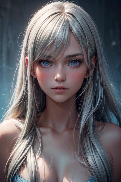 upper body of naked wolf woman, fully naked, topless, long wavy grey hair, glowing blue eyes, grey skin, grey wolf ears, athletic body, fierce, forest background