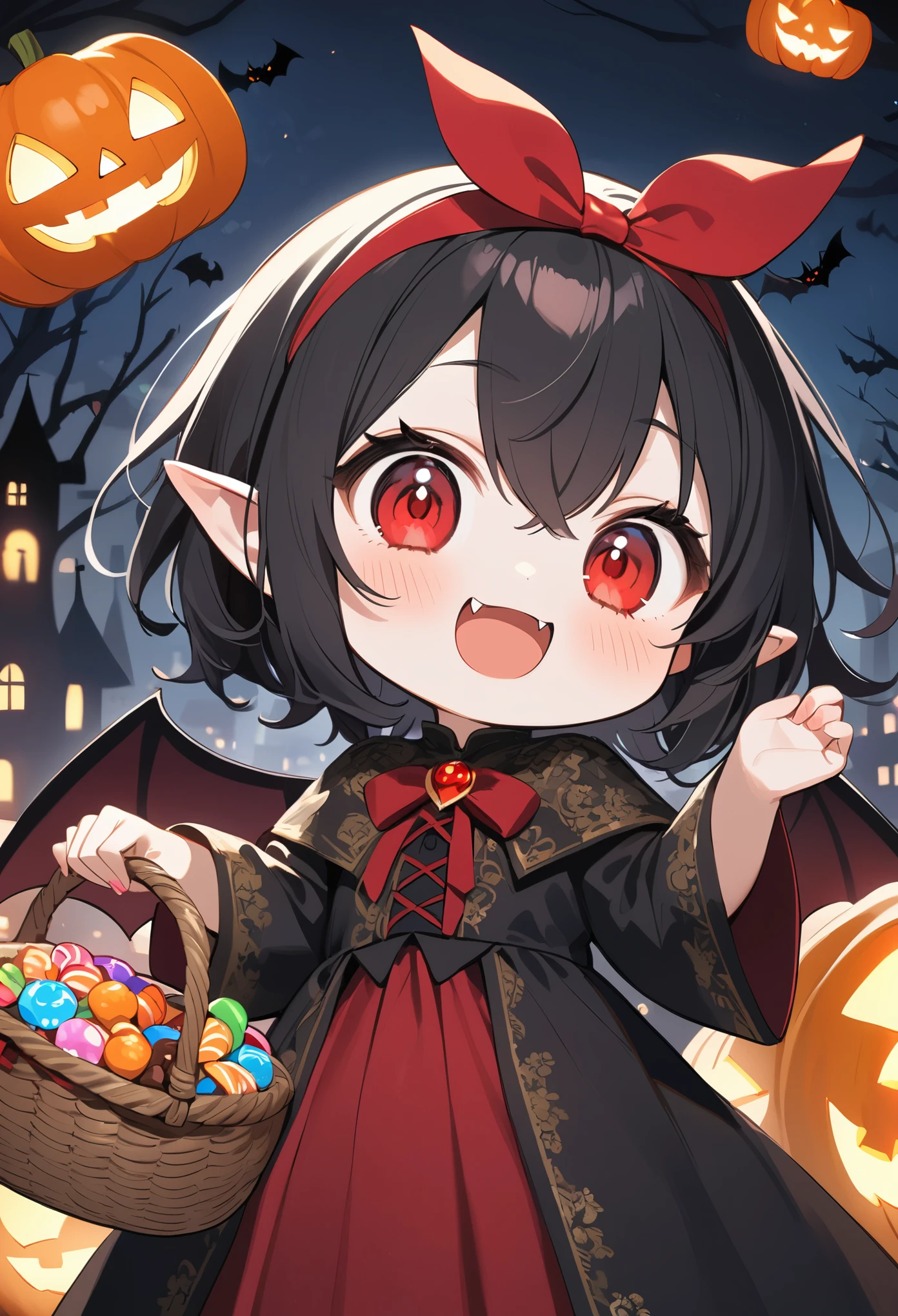 vicomte, chibi,age of 8, cute, vampire girl,vampire wings, red eyes,open mouth, sharp vampire fangs,black short hair, long elven ears,cute red ribbon headband, big evil smile, big eyes,,vampire robe with beautiful gold embroidery, create a stir at the viewer, cute basket with colorful candies and chocolates inside,dark night, Halloween night,jack-o-lanterns, gothic mood