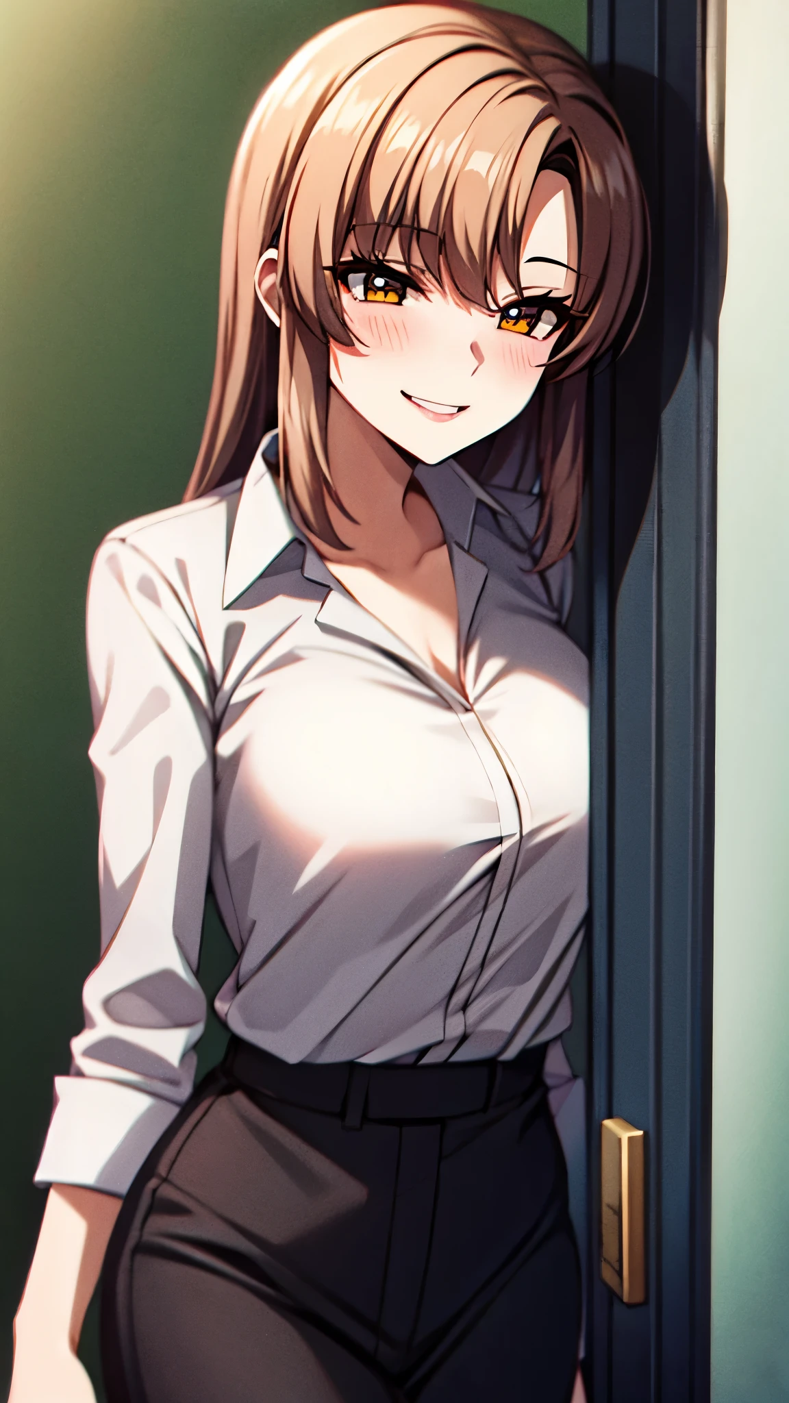 （（super high quality,Ultra-high resolution,16K,super masterpiece,Ultra HD ,Detailed shading,））Above the knees photo,On top of a hill lit by the setting sun,One sexy mature woman,（（popped Tight collar Pink shirts,Cleavage,））Folded sleeves,Red pencil skirt,Looking into the camera,Brown medium long hair,smile,blush,Thick lips,Sweaty,A small amount of drooling,