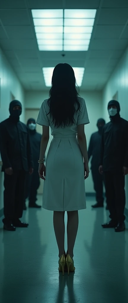 3 women carrying people wearing hoods and kidnapping a woman blindfolded and tied up in a bank