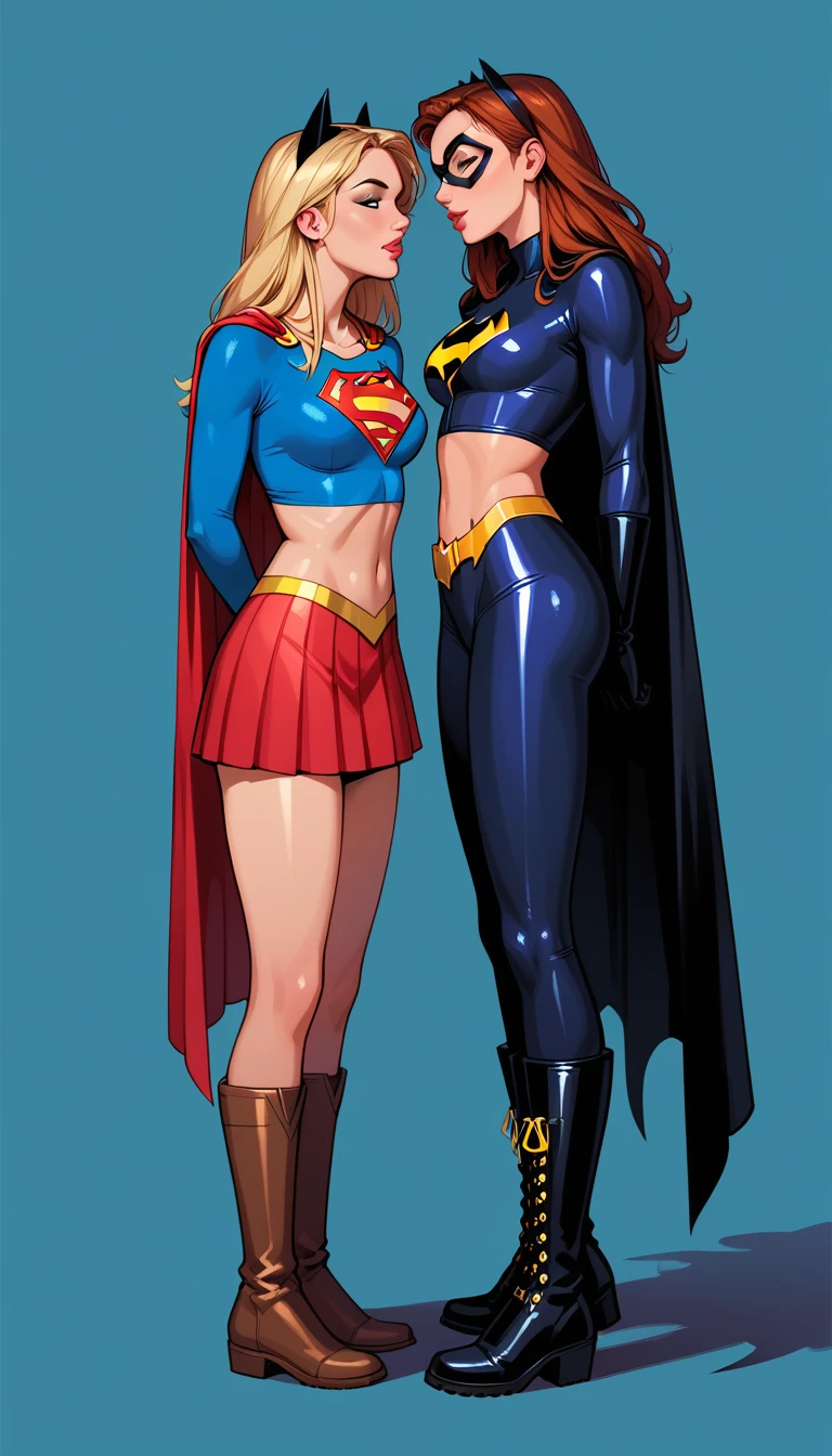 score_9, score_8_up, score_7_up, 2girls, duo, (Supergirl, blonde, wearing DCAU costume, skirt, tight top, midriff, short cape, boots:1.3) and (Batgirl, reddish brown hair, wearing DCAU costume, batsuit, cape, cowl, boots:1.2), flirt, gaze, sexy look, half-closed eyes, head tilt, filled lips, thick lips, makeup, side view, (full bodies in view) expressiveh d4rk01l, perfect hands, perfect proportions, simple background.