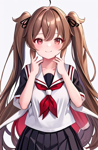 best quality, masterpiece, highres, solo, {murasame_kantaicollection:1.15}, long_hair, light_brown_hair, brown_eyes, red_eyes, ribbon, smile, serafuku, hair_ribbon, black_serafuku, breasts, twintails, two_side_up, hair_flaps, hair_ornament, 1girl, black_skirt, looking_at_viewer, neckerchief, red_neckerchief, school_uniform, skirt, pleated_skirt, simple_background, white_background, sailor_collar, short_sleeves, black_ribbon,大きい胸、