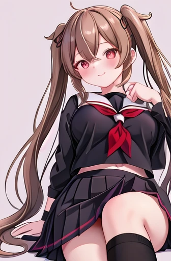 best quality, masterpiece, highres, solo, {murasame_kantaicollection:1.15}, long_hair, light_brown_hair, brown_eyes, red_eyes, ribbon, smile, serafuku, hair_ribbon, black_serafuku, breasts, twintails, two_side_up, hair_flaps, hair_ornament, 1girl, black_skirt, looking_at_viewer, neckerchief, red_neckerchief, school_uniform, skirt, pleated_skirt, simple_background, white_background, sailor_collar, short_sleeves, black_ribbon,大きい胸、