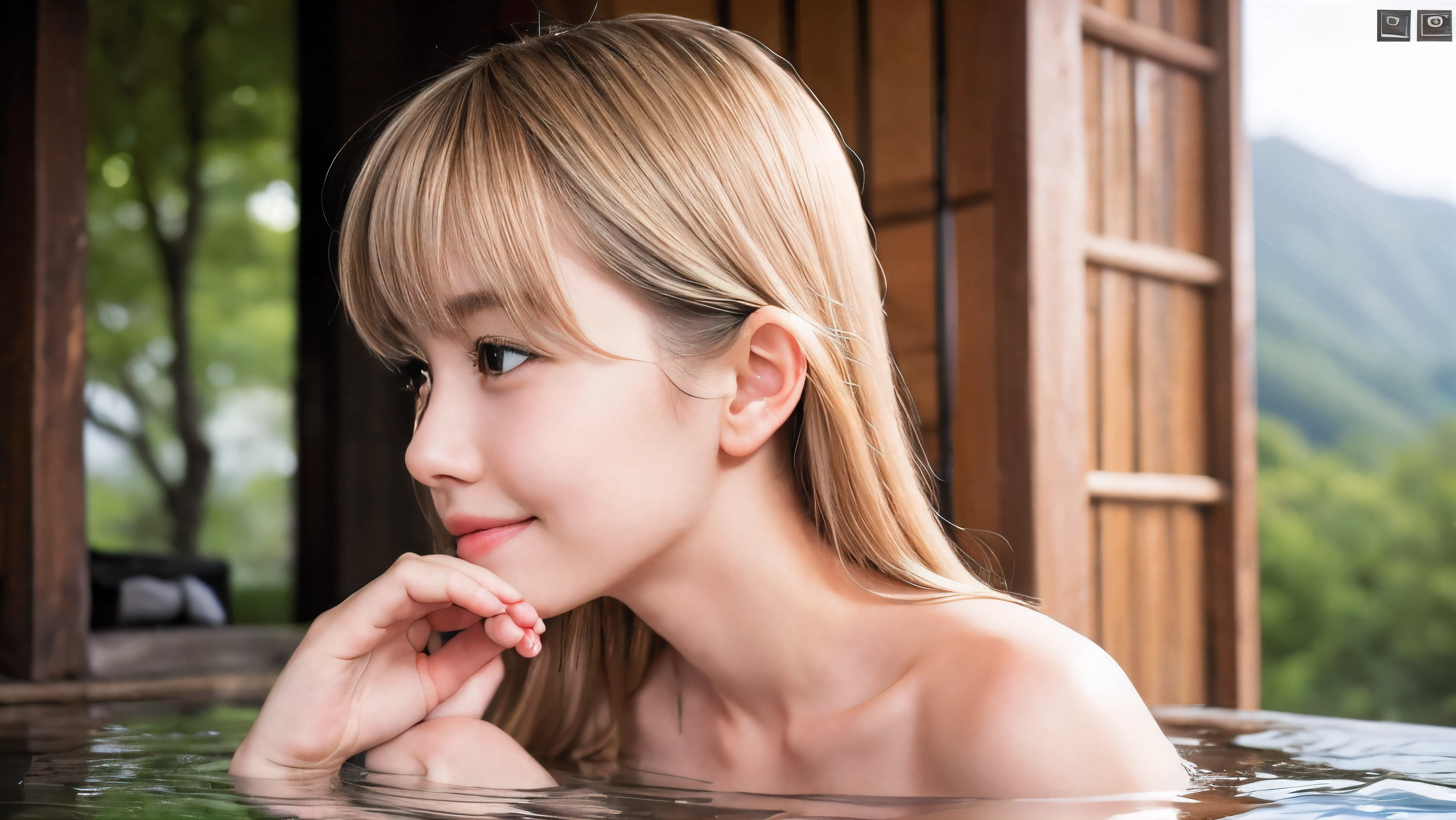 (Profile shot of a naked slender small chest half up blonde long hair with bangs girl:1.5)、(Naked blonde hair girl is soaking in a deep steam mist Japanese onsen outdoors with a shy smile:1.5)、(Outdoor Japanese onsen with snow landscape:1.5)、(blurred background:1.5)、(Natural light:1.5)、(8k ultra detailed master piece:1.5)、(perfect anatomy:1.5)、(Photorealistic stick:1.5)、(Raw photo:1.3)、(highest quality:1.5)、(High resolution:1.3)、(Delicate and beautiful perfect face:1.3)、(Delicate and beautiful eye air skin:1.3)、(Real Human Skin:1.3)、((thin legs))