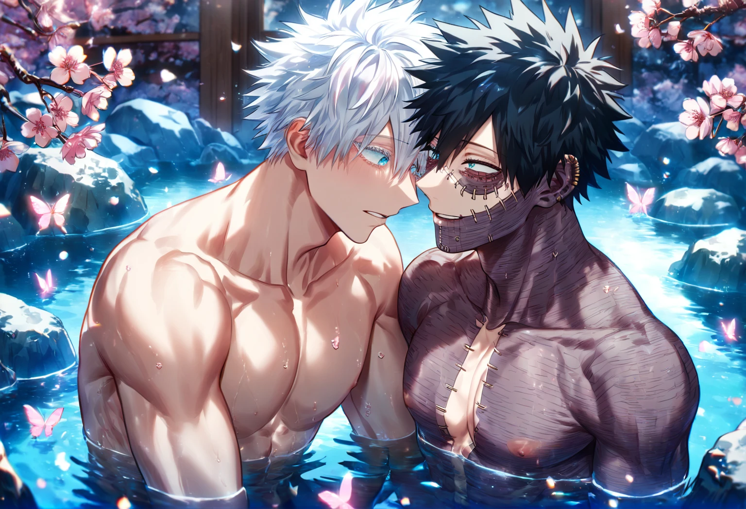 absurdres, highres, ultra detailed, HDR, master piece, best quality, detailed eyes, extremely detailed, delicated features, Dabi, black hair, expressive turquoise eyes, Boku No Hero Academia, Gojou Satoru, white hair, expressive blue eyes, white eyelashes, two sexy men together, yaoi, gay couple, handsome, manly man, bare chest, summer, sea, beach, blue sky