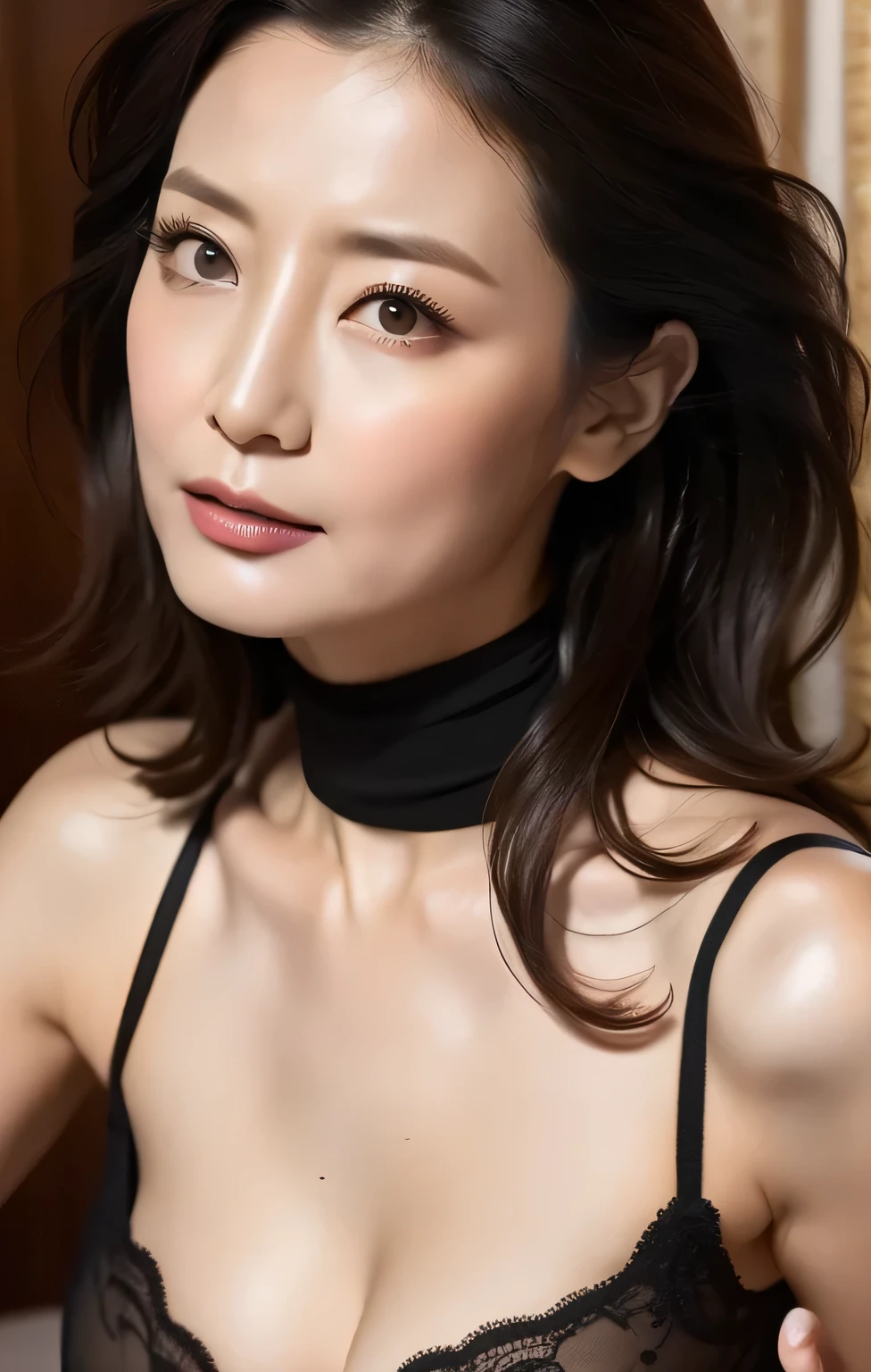 (Best Quality,8k,masterpiece),
Mature Woman,[[lustful,Portraiture,
Very beautiful face,Lip gloss,Expressions of Ecstasy,
Big Breasts,
Elegant black suit, Grey turtleneck see-through lingerie,