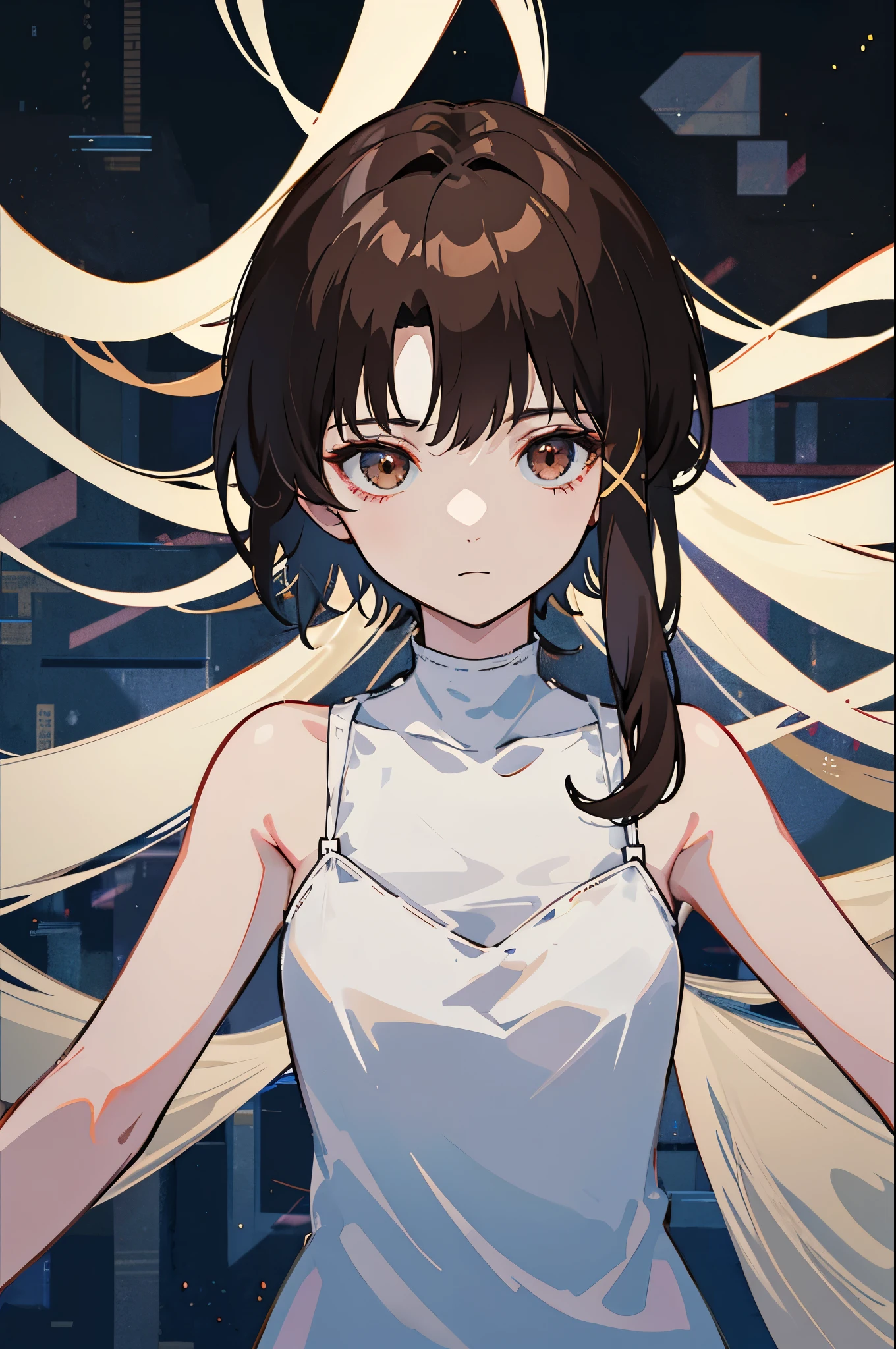 Generate an image of Lain Iwakura with her characteristic asymmetrical hairstyle, where the left side of her hair is longer to cover her ear. She stands in the center of the scene with a neutral expression, her pale skin and brown hair contrasting against a dark, ethereal background. As she moves, she leaves multiple afterimages of herself, as though she is splitting into numerous identical versions. These afterimages gradually become translucent as they trail behind her, forming ghostly figures that appear to merge into and out of her body. The scene conveys a sense of fragmentation, as if she is both part of and separate from the digital world, surrounded by glitch-like effects and faint light trails