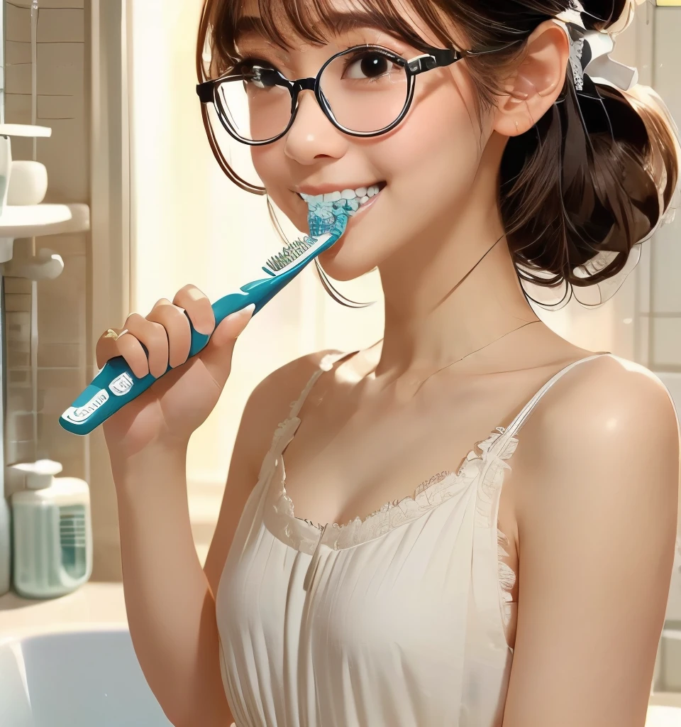 Best Quality、、Ultra-high resolution、Clear Photo、Professional Writing、(Very cute girl、beautiful girl、Cute Yoda Yuki)、baby face、Small Face、(Hair Bun)、Wear black-rimmed glasses、smile、Narrow waist、(I can see the valley:1.2、Big erect nipples)、(Wearing a white camisole、Lightweight camisole、Wearing white panties)、Standing on the toilet、(Brush your teeth:1.4、Toothpaste:1.2、White foam coming out of the mouth:1.4、White and beautiful teeth)、Full body photo