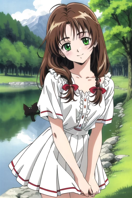 Super detailed,Best Quality,masterpiece, meow, One girl, difficult, green_eye, ribbon, hair_ribbon, length_hair, anime, forest,lake,tree,smile,, White ruffled blouse,Red ribbon,brown hair,Red camisole,White pleated skirt, skirt tucked up、Panty shot