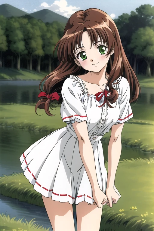 Super detailed,Best Quality,masterpiece, meow, One girl, difficult, green_eye, ribbon, hair_ribbon, length_hair, anime, forest,lake,tree,smile,, White ruffled blouse,Red ribbon,brown hair,Red camisole,White pleated skirt, skirt tucked up、Panty shot、Cute Panties