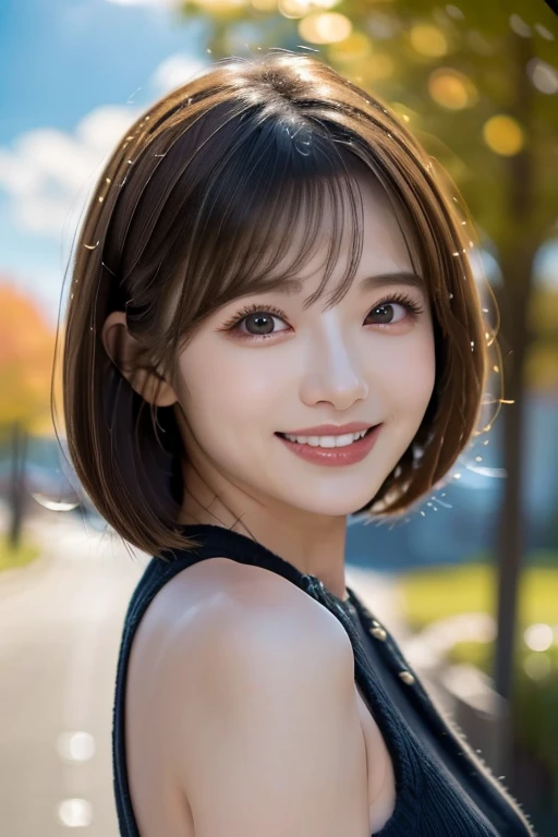 hdr、((Shooting from below with a wide-angle lens))、(Hair blowing in the wind)、The season is autumn、Distant Clouds、Warm sweater、((smile))、Shining Sun、((Best Quality)), ((masterpiece)), (detailed), ((Best Quality))、12K、High resolution、Perfect Face, Japanese、woman、Bright light brown hair、Clevis、Perfect Anatomy、Anatomically correct body、