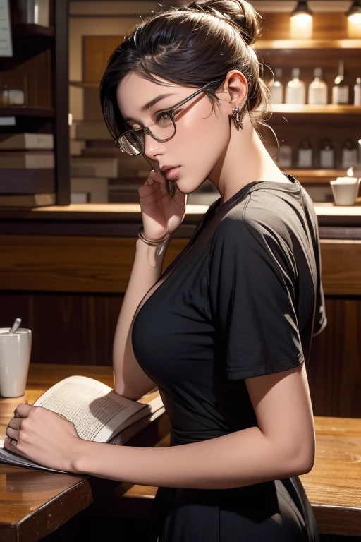 mature girl, black hair, square hairstyle, lush lips, dirty cosmetics, teacher's uniform, without shoes, sitting on the desk, large firm breasts, wide hips, 4K