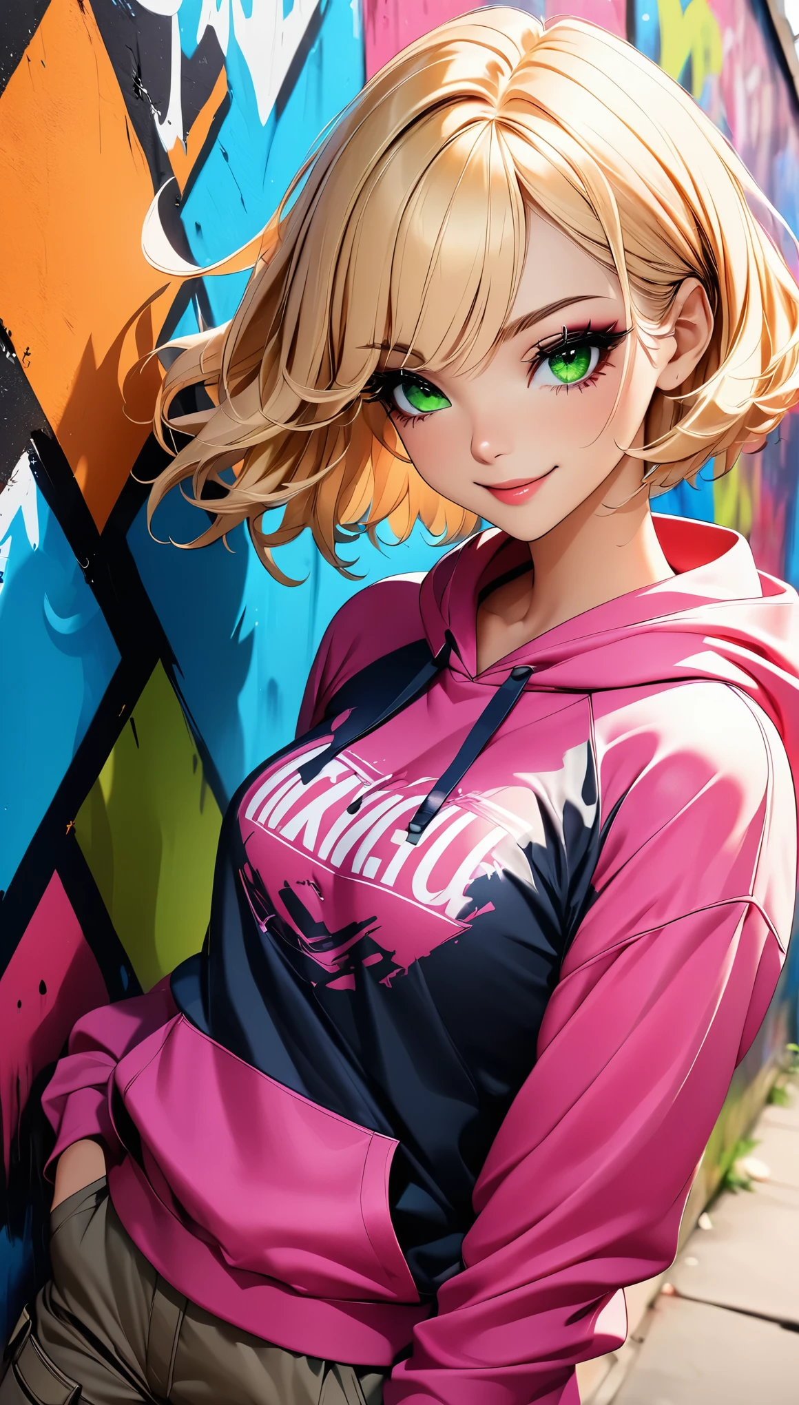 (Best Quality:1.2, Very detailed, Anime Style:1.4, Detailed CG illustration, 超High resolution, High Contrast, masterpiece:1.2, Best aesthetics), (1 girl), Carefully drawn face and eyes, Beautiful woman, Beautiful eyes, Fine eyelashes, Glossy lips, Rouge, Glitter eye makeup, Gal Makeup, (whole body:1.1, Front View), Mischievous smile, Random Pause, Cute action, ((Beautiful girl wearing a colorful hoodie, Cargo pants:1.2), Blonde, Short Hair, Purple gradient hair, Green Eyes), Typography wall background, Graffiti wall background, Professionalism, Bright colors, High resolution, The right perspective, (Soft focus throughout).