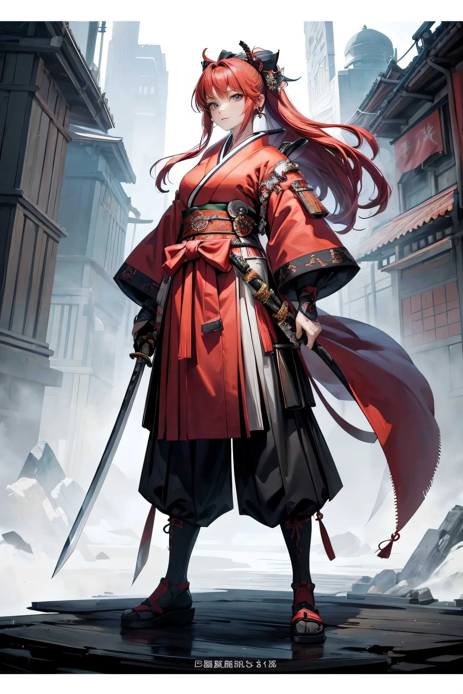 (Best Quality:1.2, Very detailed, up to date, A lonely look, Ultra-high resolution, High Contrast, masterpiece:1.2, Best Quality, Best aesthetics), cute,cute,Red hair and red hakama、A young samurai girl holding a large sword high, Black sharp gaze, Glamorous proportions, Holding a Japanese sword,Standing still,Standing straight with arms at sides、The whole body is shown、White background Official illustration style,masterpieceBest Quality,Exquisite,8k,Absurd,Super detailedなイラスト,(Looking at the audience) (Super detailed, The absolute solution, Best Quality:1.3), 2.5D, Subtle and dynamic effects, Lighting Effects, Artistic, Hyper, Graphics CG Digital Art、Full Body Shot,Design Sheet