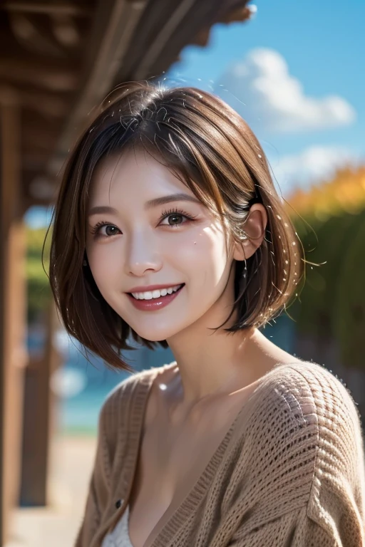 hdr、((Shooting from below with a wide-angle lens))、(Hair blowing in the wind)、The season is autumn、Distant Clouds、Warm sweater、((smile))、Shining Sun、((Best Quality)), ((masterpiece)), (detailed), ((Best Quality))、12K、High resolution、Perfect Face, Japanese、woman、Bright light brown hair、Clevis、Perfect Anatomy、Anatomically correct body、