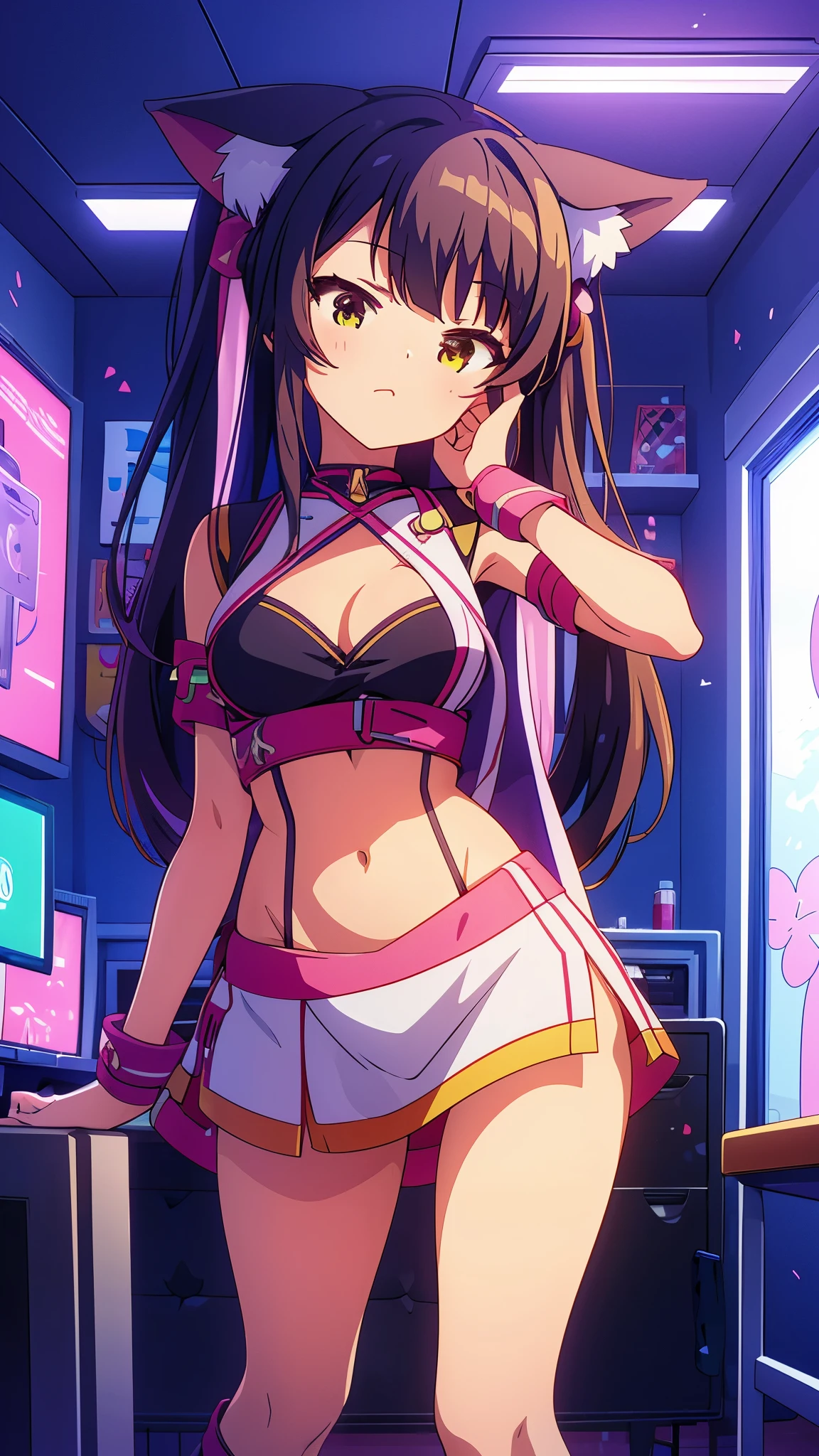 (anime artwork, anime style, studio anime, very detailed, up to date, vibrant, Anime Coloring, high contrast, masterpiece:1.2, best quality, best aesthetics),1 girl,cyber punk clothes, Medium chest, A glimpse of thighs,cyber punk hair, One eye is hidden by the bangs, perfect proportions, high detail skin, Cute, detailed faces, cutout between underboob and shirt,very short pleated miniskirt,makeup, smart phone, head phone to wear around the neck,