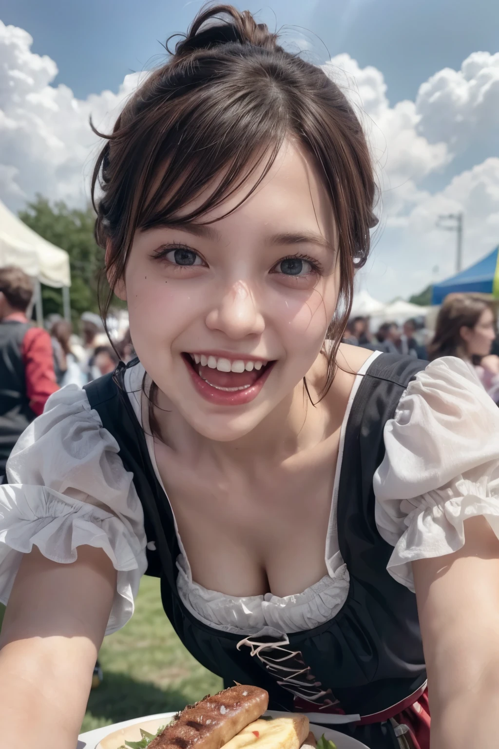 realistic, cinematic, photogenic, Oktoberfest, in an urban area, a very lively crowd around, festive atmosphere, see some tent beyond, under the sunshine, crouching down, shot from directly above, ultra close-up, looking up at me from below, upturned eyes, eating a sausage with holding it, open mouth wide and stuff the sausage into mouth, big smile, laughing out loud, wearing dirndl dresses, bright brown hair, pompadour hairstyle, twisted bangs, hair is blowing in the wind, hair is shaggy and dishevelled, a flushed face from drunkenness, a little sweaty, a tipsy expression, beautiful white translucent skin, slendar figure, a little exposed chest, heavy and vivid makeup, detailed rendering, cinematic lighting, vibrant colors, photorealistic, best quality, 8k, hyperdetailed