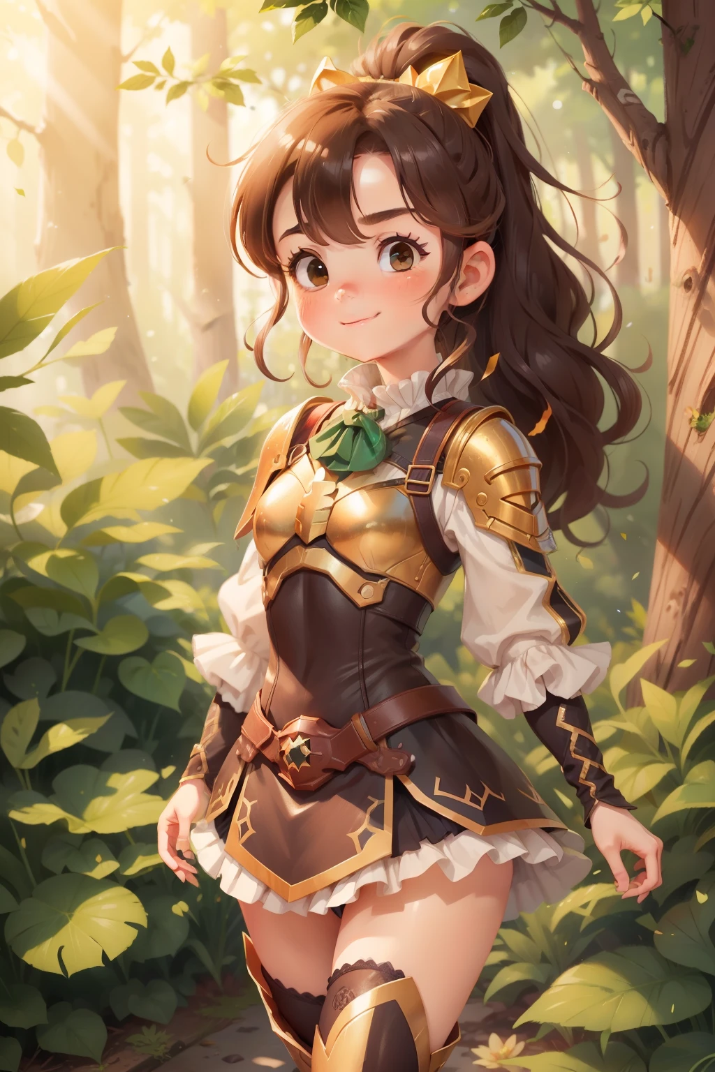 最high quality，No fixes，sauce_anime，Intricate details，high quality，Perfect Anatomy，Break 1 ，Alone，Very short stature，GBF-Polaris, Harbin, Brown Hair, ponytail, Green Eyes, Hair Accessories，Shining golden armor, Thigh-high boots, GBF-Polaris outfit，Panty shot，Place your arms behind your back， Bright smile，Downward facing mouth，Drooping eyelids，Frowning，Outdoor， information，wood々Sunlight pours in，