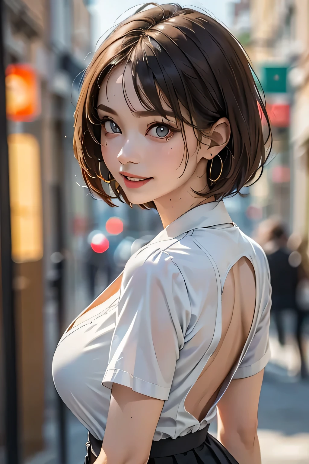 One Woman, alone, middle aged, Beautiful woman、I could see the whole body、 ((short hair)), ((Brown eyes, Beautiful eyelashes, Realistic eyes)), ((Detailed face, blush:1.2)), ((Smooth texture:0.75, Realistic texture:0.65, Realistic:1.1, Anime CG style)), Glamorous Body, Big Breasts, Dynamic Angle, Perfect body, ((Purple transparent blouse, Red mini skirt))、(Hotel stairs)、the wind is strong、(Very embarrassing panic smile)、looked back、I can see her ass sticking out in front of me...、Angle looking up from the bottom of the stairs、 (((I can see your whole ass、Pink floral panties)))、((Tabletop, Highest quality, High resolution, Pixel Perfect, 4K,))),