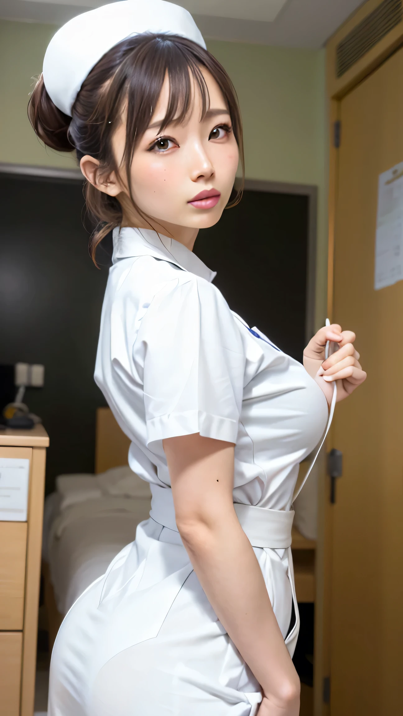 (masterpiece:1.2), (ultra detailed:1.0), 20 year old girl, tareme, large breasts, looking at viewer, nomakeup, blurry background, hospital, (nurse:1.0)