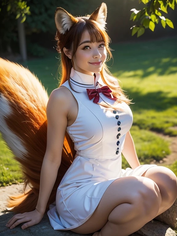 ((highest quality)), ((masterpiece)), (get used to it), perfect face, fox girl, Beautiful woman, public, A tail is growing, she has a fluffy tail, she has a fox tail, she wags her tail, smile, collar, She is wearing a CA uniform, beautiful hips, big breasts, big tail, crawl on all fours