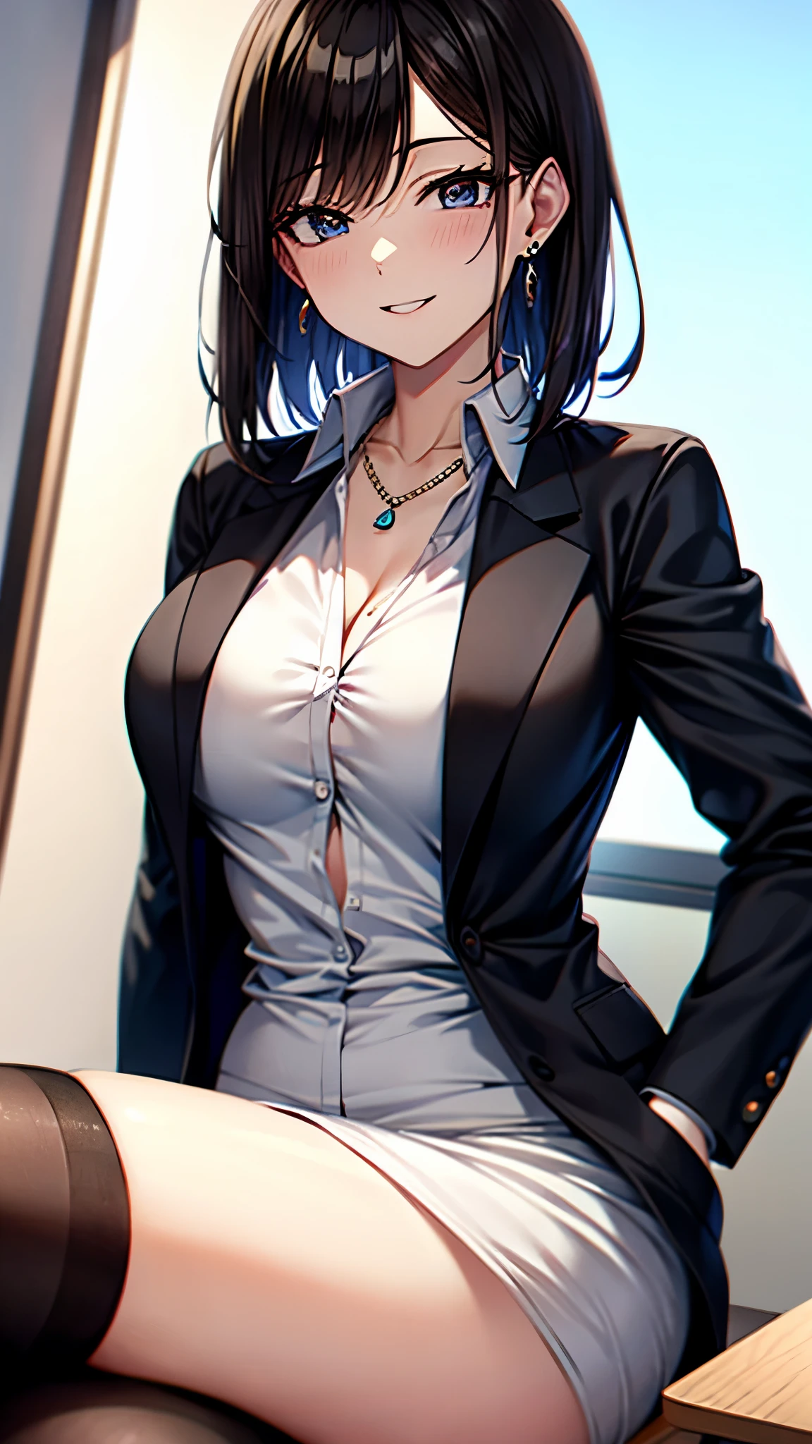 ouro kronii, 1girl, solo, looking at viewer, blush, smile, short hair, blue eyes, skirt, large breasts, shirt, long sleeves, cleavage, jewelry, underwear, blue hair, collarbone, panties, jacket, white shirt, pantyhose, hairband, earrings, open clothes, collared shirt, indoors, black skirt, nail polish, grin, open jacket, black jacket, black pantyhose, pantyshot, hair intakes, pencil skirt, blue nails, watch, brown pantyhose, wristwatch, office lady, partially unbuttoned<lora:ouro_kronii:1>