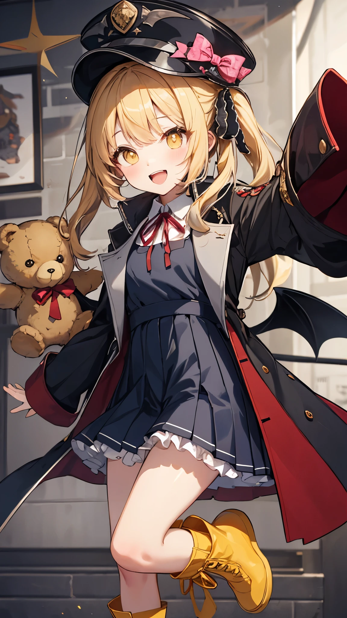 ibuki \(official outfit\) \(blue archive\),long hair, bangs, twintails, hair ribbon, black ribbon, military hat, hat bow, demon wings, demon tail, demon horns, halo, white shirt, neck ribbon, red ribbon, black coat, open coat, sleeves past wrists, pleated dress, black dress, bloomers, boots, yellow footwear, teddy bear,smile,open mouth,masterpiece,Noise Reduction,perfect anatomy,high resolution, ultra-detailed, ultra-detailed face,game cg,dutch angle ,beautiful detailed eyes,visualart,five fingers, perfect hands, perfect lighting, sparkling pupils,