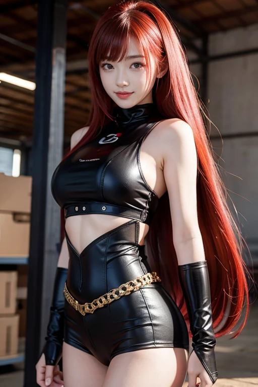 Champion of justice、20 years old、Twenty years old、Japanese Face、Beauty、Beautiful Face、Red Hair、Punk Hair、Long back hair、Wearing a revealing bodysuit、Has a rapier、smile、The background is a warehouse district、