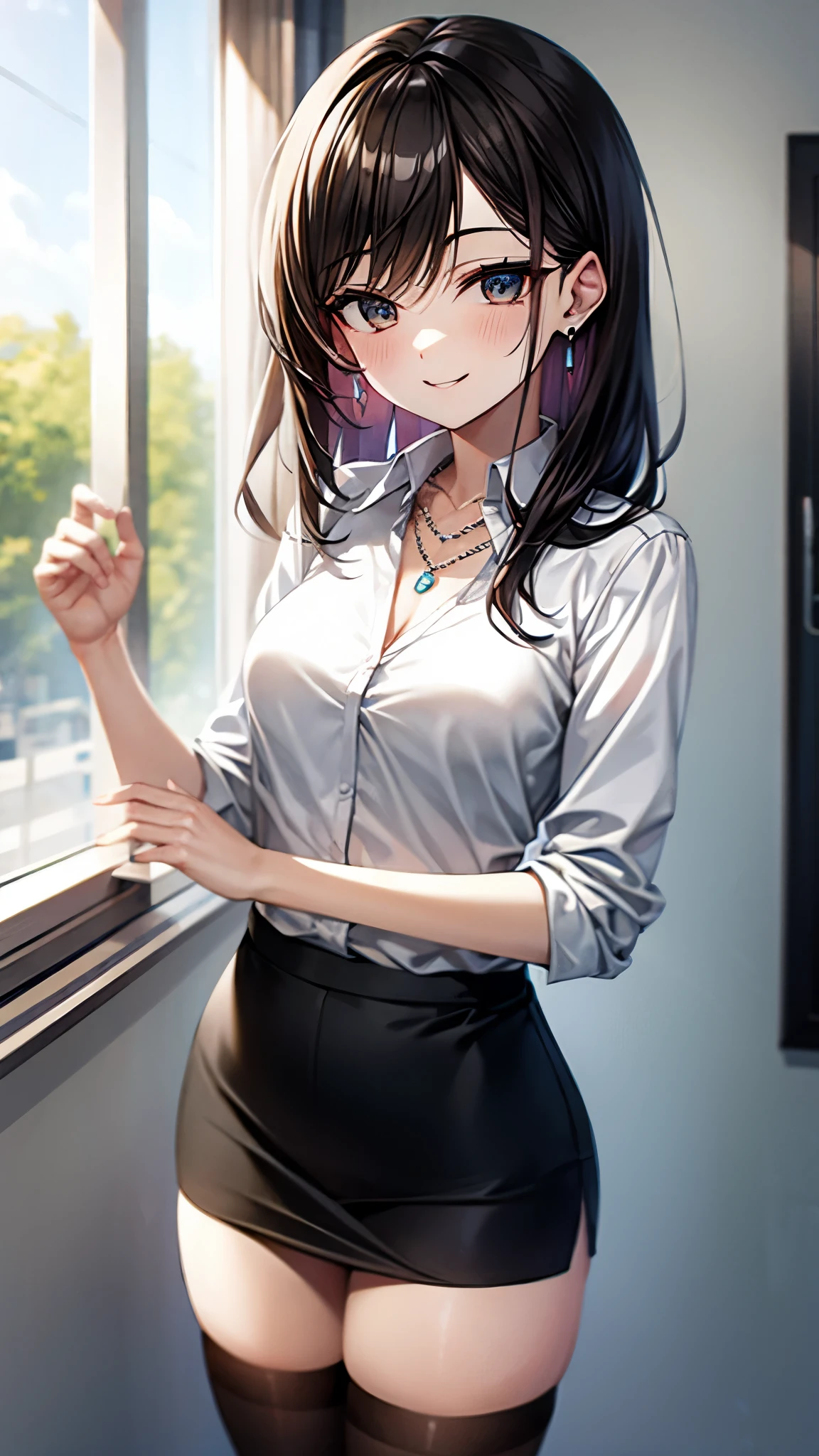 （（super high quality,Ultra-high resolution,16k,super masterpiece,Ultra HD ,Detailed shading,））Standing posture,Shooting from the front,One sexy office lady,White dress shirt with open collar,Black business suit,Black tight skirt,Black knee socks,smile,necklace,Earrings,Office in the morning sun,