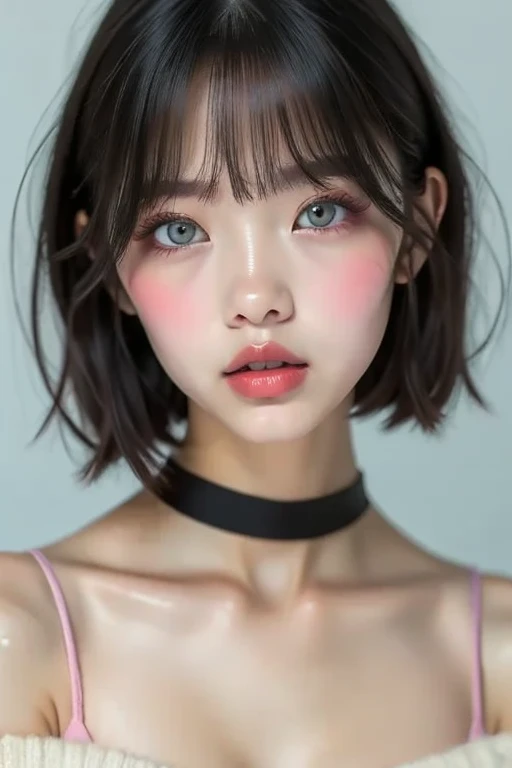 Inside the room、Realistic portrait photography of a woman with short hair and perfect face,Accurately depict the top of the head、Big Mouth,Moisturized lips、Thick, plump and shiny lips with a clear lip balm、Wearing an off-the-shoulder sweater、The straps of the black bra are visible