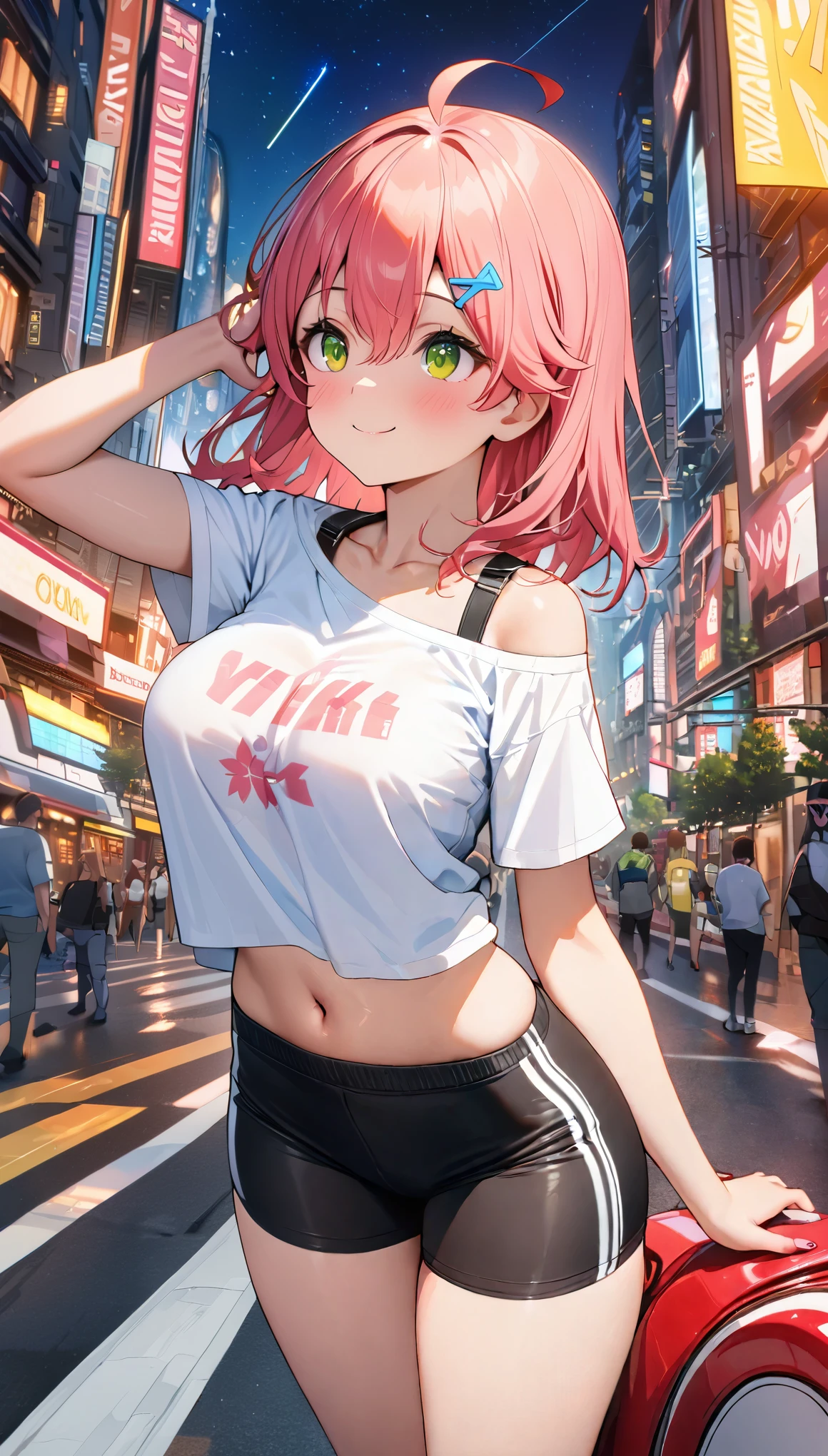 (8k、Best image quality、highest quality、masterpiece)、Detailed face、 1teen_girl、pink Hair、Long Hair、green_eyes、smile,(navel_peek)、(large_breasts),(White_short_T-shirt:1.5)、Off the shoulder、Black shoulder straps、(short_bike_shorts)、City Background, starry_sky_landscape ,sakura_miko,hololive,(covered_nipples:0.5),solo,stargaze,girl_looking_up_sky,sneaker,