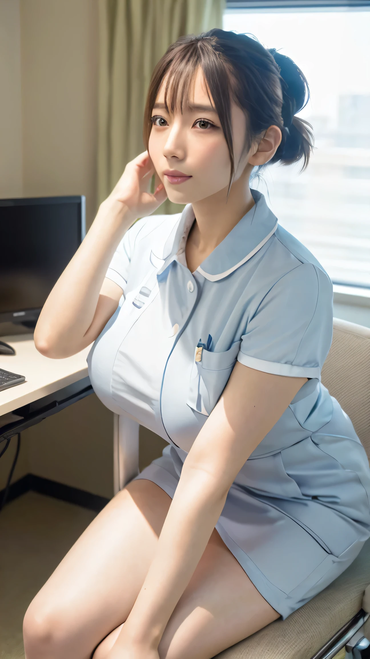 1girl, purple hair, purple eyes, high quality, ultra detailed, masterpiece, realistic, nurse clothes 