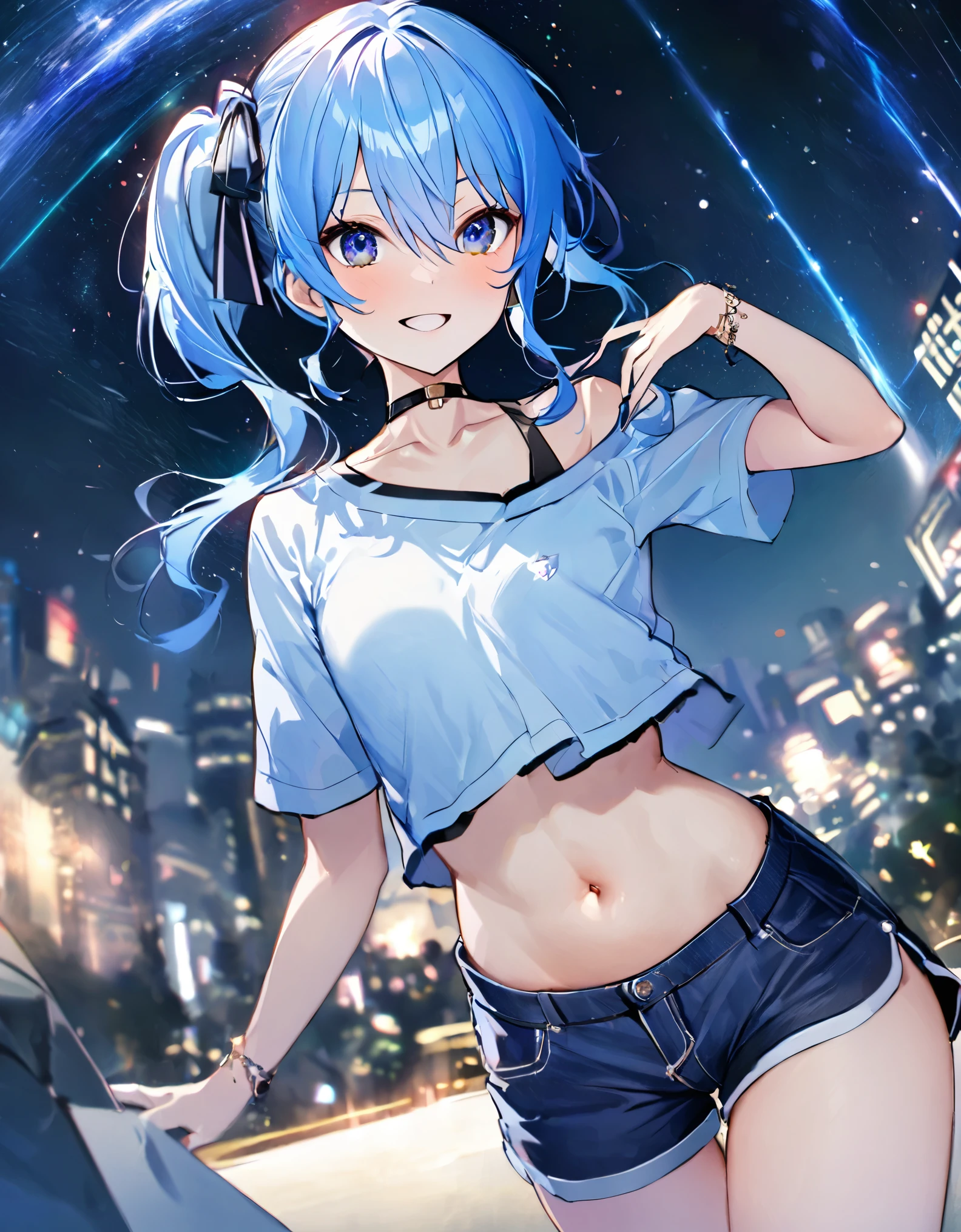 (8k、Best image quality、highest quality、masterpiece)、Detailed face、 1teen_girl、Blue Hair、Long Hair、sideponytail、dark_blue_eyes、smile,peek_stomach,small_breasts:0.8,(White_T-shirt:1.3)、Off_shoulder、Black shoulder straps、(open_front_shorts,denim_short_shorts:1.2)、City Background, starry_sky_landscape ,hoshimachi suisei, (belly_button:1.2),nihil,solo,stargaze,girl_looking_up_sky,slender,solo,boots,abs, tight_waist, point_to_sky