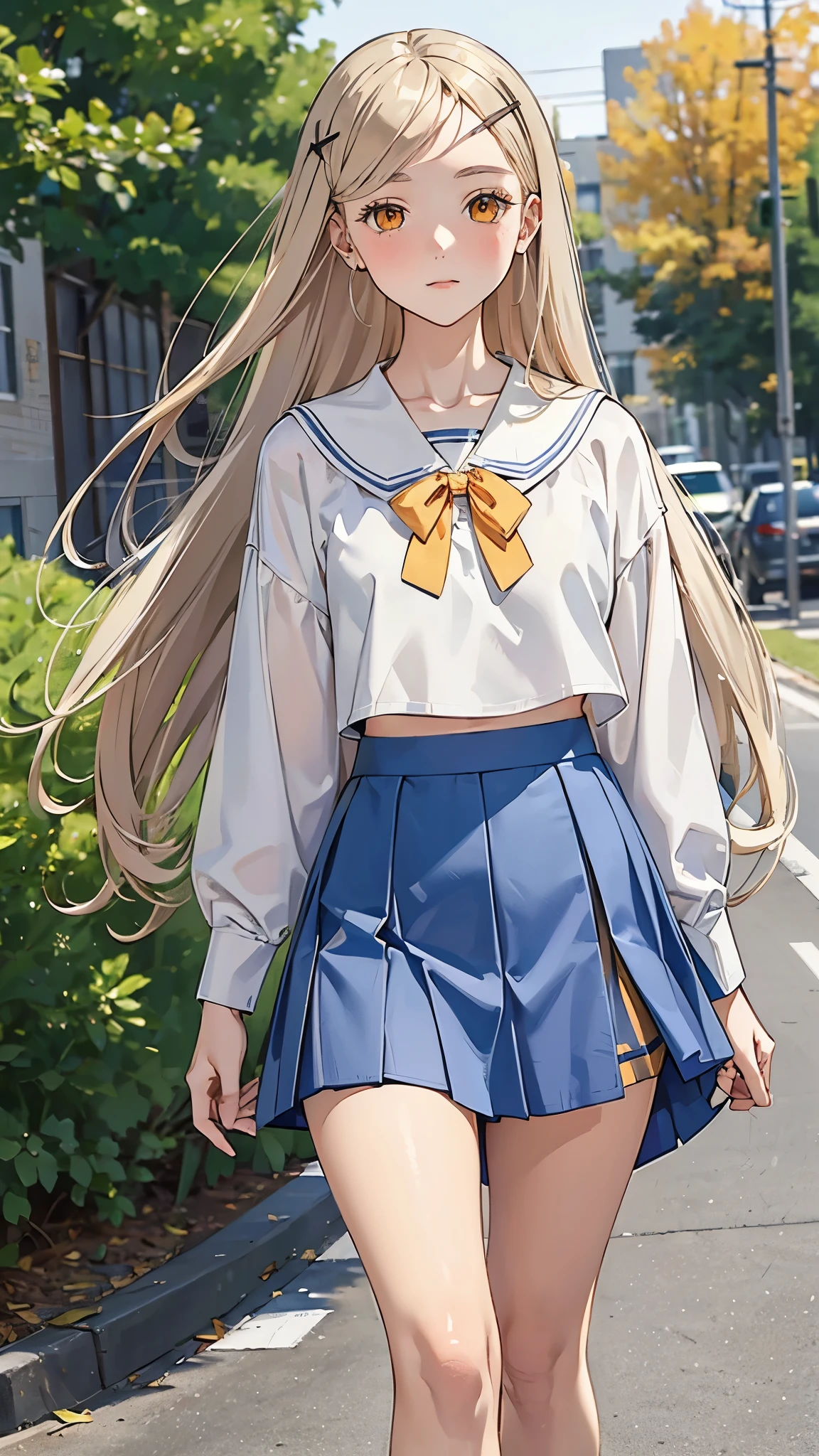 masterpiece, ultra detailed, 8k portrait, RAW photo, portrait photography, Highly detailed face, beautiful and meticulous eyes, (amber color eyes:1.5), (blush:1.5), (tilt one's head:1.5), (walking by the high school:1.5), outdoor, (high school uniform and blue mini skirt:1.7), cute girl, (platinum blond hair:1.5), (platinum blond colored eyelash:1.5), (medium hair:1.0), (parted bangs:1.5), (hairpin1.5), (sleepy face:1.0), (smile:.2), young girl, 1girl, beauty girl, pretty girl, 159cm, 41kg, (skinny:1.5), 