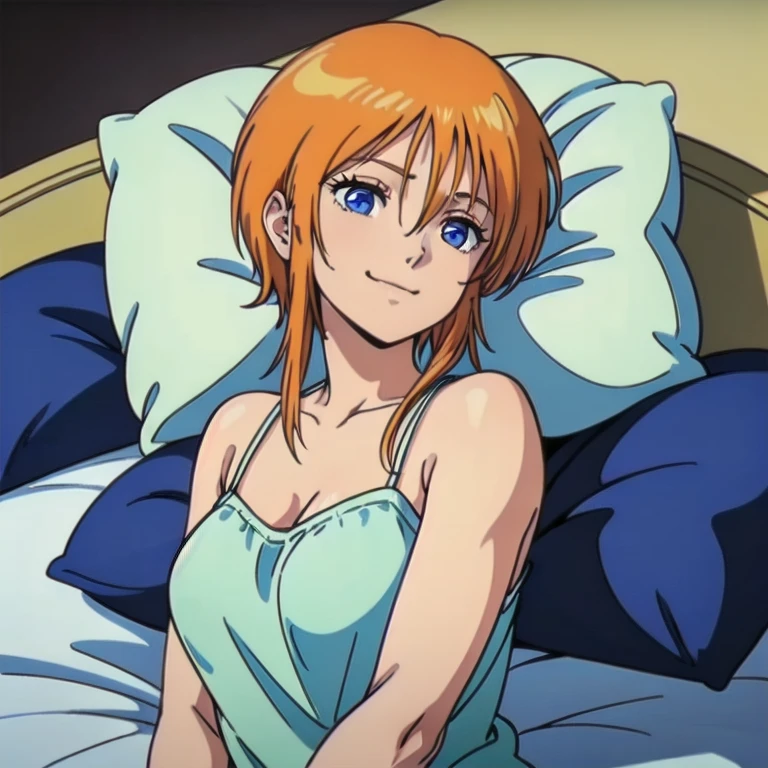 (masterpiece、Highest quality、High resolution、Perfect artwork、The perfect woman、1 Girl、solo)、
L People、Nightwear、
Short Hair、Orange Hair、Short hair, long locks、Side Lock、Hair between the eyes、blue eyes、
Cute anime girl、 smile、Sleep in bed