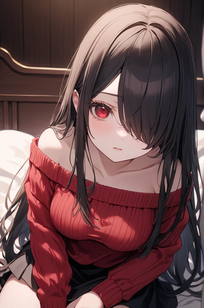 Cowboy Shot, 1girl, Solo, Looking at viewer, Shy, Cute, Red Eyes, Empty Eyes, Expressionless Eyes, Black Hair, Very Long Hair, Straight Hair, ((Hair Over One Eye, Swept Bangs:1.5)), Petite, Large breasts, Pale Skinned, Slender, Curvy, (Red off-shoulder sweater, Black Skirt), Sitting, Bed, Room, Cinematic Lighting, Masterpiece, 4K, Best Quality, High Resolution, Accurate, Award Winning, (SuperQuality:1.0) ~ (SuperQuality:1.2)