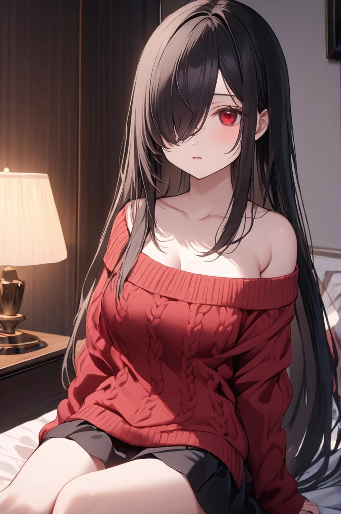 Cowboy Shot, 1girl, Solo, Looking at viewer, Shy, Cute, Red Eyes, Empty Eyes, Expressionless Eyes, Black Hair, Very Long Hair, Straight Hair, ((Hair Over One Eye, Swept Bangs:1.5)), Petite, Large breasts, Pale Skinned, Slender, Curvy, (Red off-shoulder sweater, Black Skirt), Sitting, Bed, Room, Cinematic Lighting, Masterpiece, 4K, Best Quality, High Resolution, Accurate, Award Winning, (SuperQuality:1.0) ~ (SuperQuality:1.2)