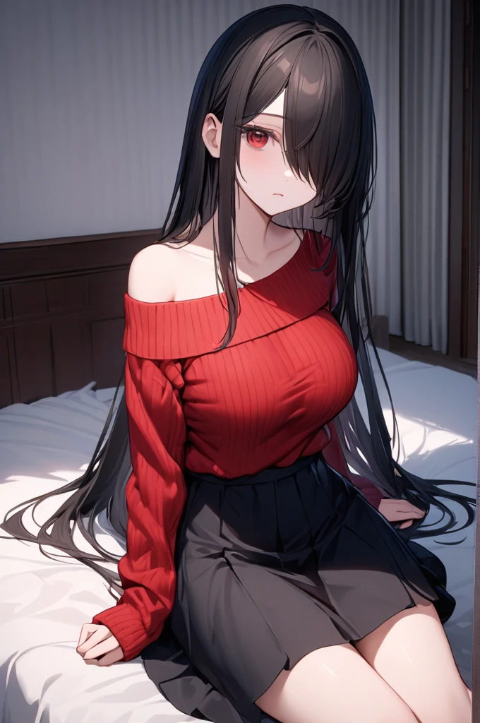 Cowboy Shot, 1girl, Solo, Looking at viewer, Shy, Cute, Red Eyes, Empty Eyes, Expressionless Eyes, Black Hair, Very Long Hair, Straight Hair, ((Hair Over One Eye, Swept Bangs:1.5)), Petite, Large breasts, Pale Skinned, Slender, Curvy, (Red off-shoulder sweater, Black Skirt), Sitting, Bed, Room, Cinematic Lighting, Masterpiece, 4K, Best Quality, High Resolution, Accurate, Award Winning, (SuperQuality:1.0) ~ (SuperQuality:1.2)