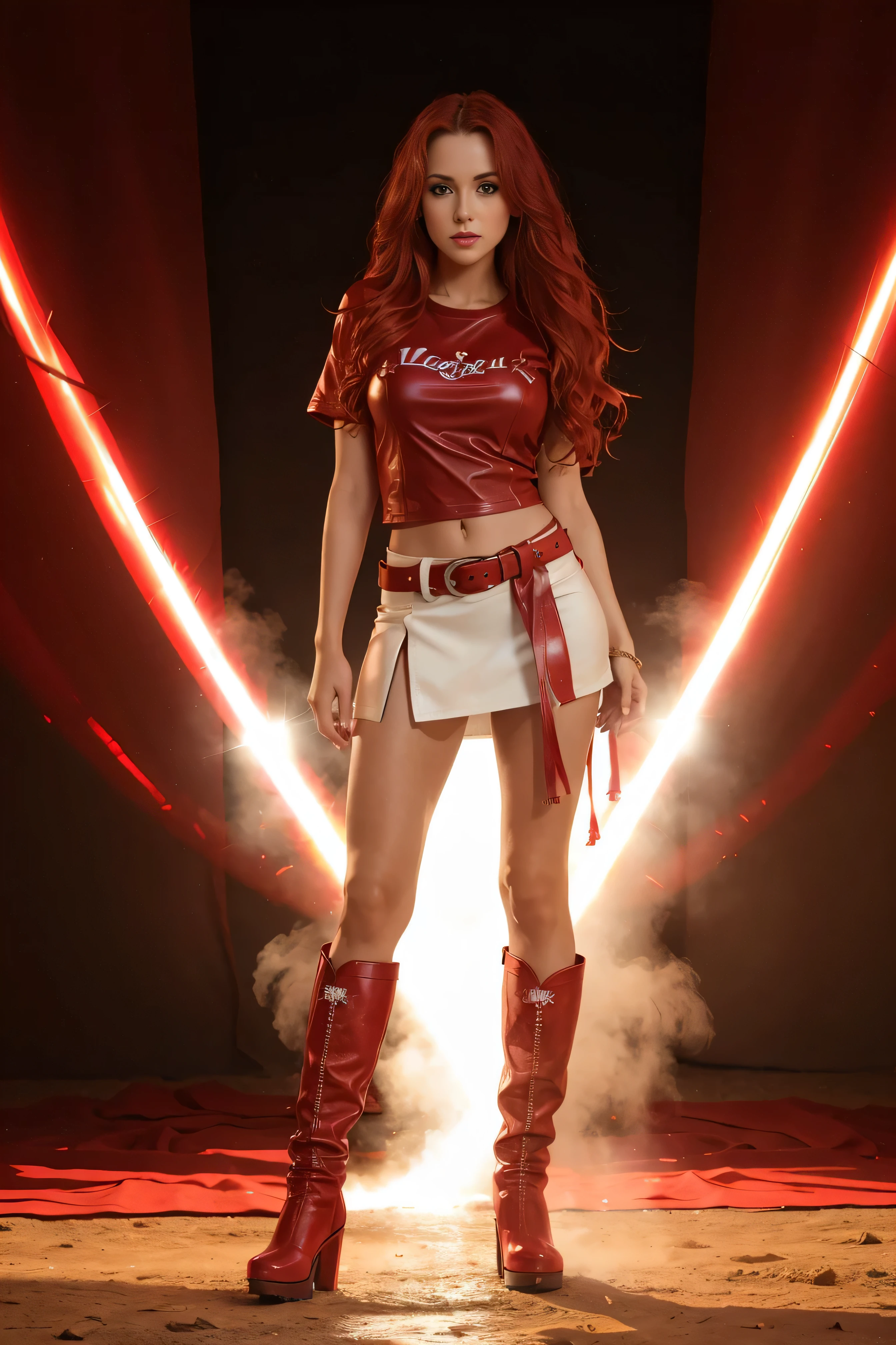 full body women 2 green eyes long red windblown wavy hair in a red leather t-shirt red mini skirt red leather western boots light shadow effects intricate highly detailed digital bright colors sharp shadows