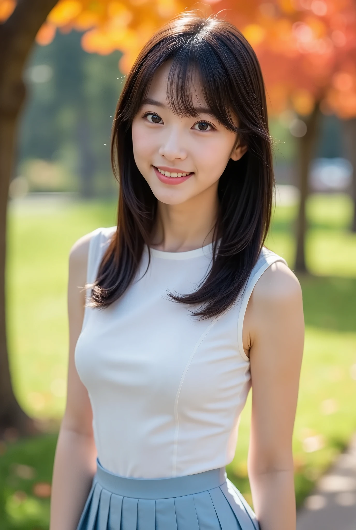 (masterpiece, Best Quality:1.2), One girl, Alone, Japanese women,  1,  Beauty, Beautiful slim figure, (Super cute idol-like face), Perfect Face, Perfect Face, Perfect eyes with perfect symmetry, Very detailed, Real, High resolution, Happy expression, Beautiful breasts, Brown eyes,　White sleeveless blouse、Light blue pleated skirt, Beautiful legs,  smile, Black Hair、Medium Straight Hair, With bangs, In a beautiful autumn park,