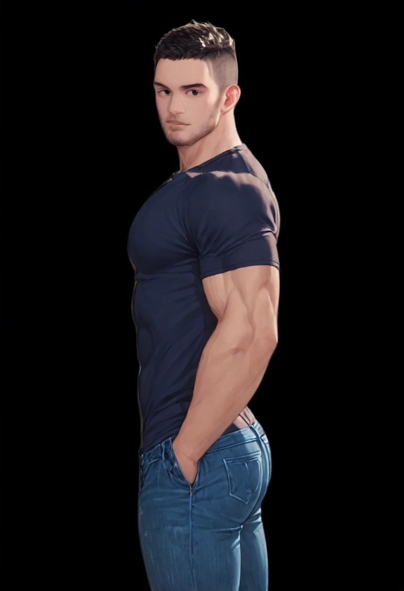 a muscular 8-foot-tall. Solo. the man's physique is powerfully built and thick, with rippling muscles visible beneath his clothing. wearing a pair of jeans and a dark blue tee shirt. clean cut clean shaven, head tilted down, Every aspect of the scene is rendered in hyper-detailed, vivid fashion - the man's chiseled physique, and the dramatic lighting and cinematic composition. side view