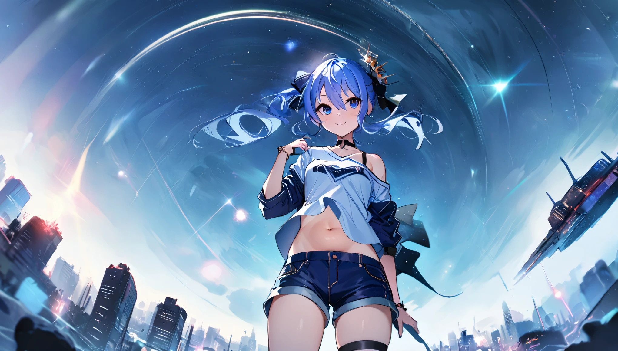 Yelan with water splashes around her, holding blue dice, blue thread around her, smirk, round face, water droplets, loking at the screen of veiwer