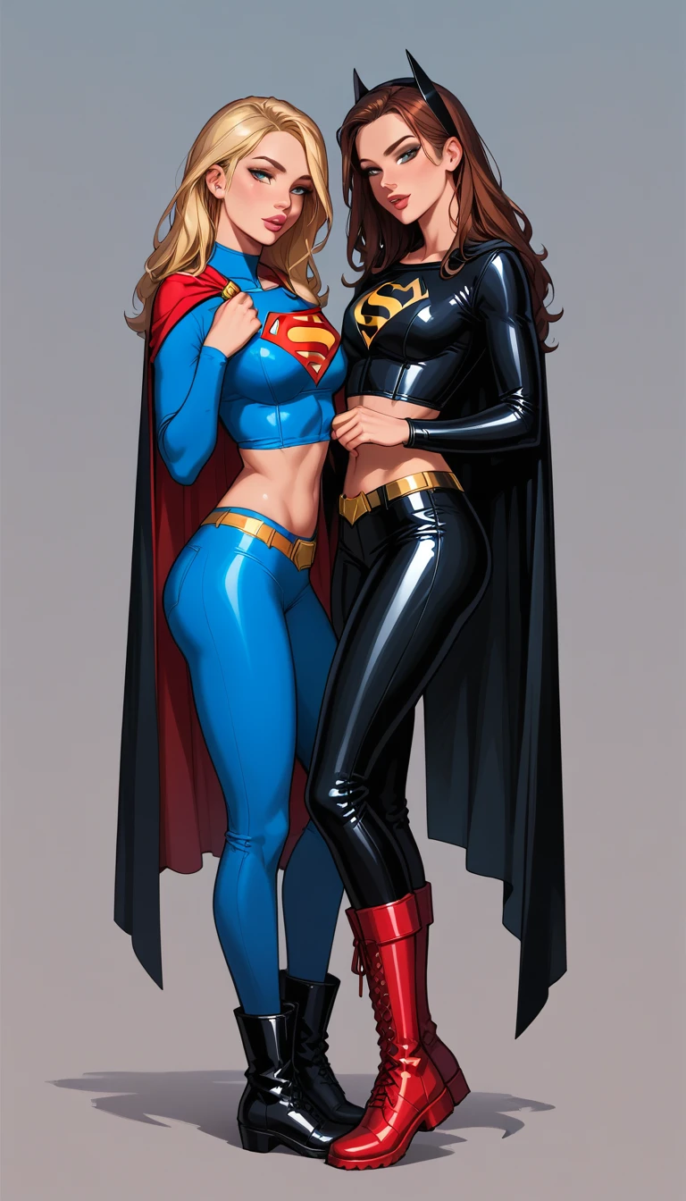 score_9, score_8_up, score_7_up, 2girls, duo, (Supergirl, blonde, wearing blue skirt, short skirt, gold belt, tight top, blue top, long sleeve, Superman emblem, midriff, red cape, short cape, red boots:1.3) and (Batgirl, reddish brown hair, wearing batsuit, batman emblem, black PVC pants, full length pants, black PVC top, long sleeve top, black cape, black boots:1.2), flirt, gaze, sexy look, half-closed eyes, head tilt, filled lips, thick lips, makeup, side view, (full bodies in view) expressiveh d4rk01l, perfect hands, perfect proportions, simple background.