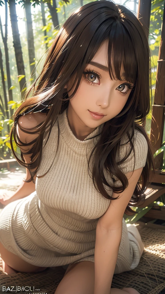 Very detailed, beautiful, highest quality, Professionally taken photos, Like a poster, detailed beautiful round eyes, beautiful detailed face, Whole Body Ezbian, Medium Long Hair, Casual Hairstyles, (Random color hair, Golden mesh), Big eyes, Random color eyes, Long eyelashes, Thick mascara, Dark eyeliner, (Huge breasts), (Bust about to burst:1.35), Wide selection, Thick waist), (Wide Hips:1.35, Toned thighs, Body Curves), 40 years old, woman, (White tight dress, white), Perfect Face, Perfect body, Sexy pose, (A shy smile), Random Location, nature, (alone), The light on my face,